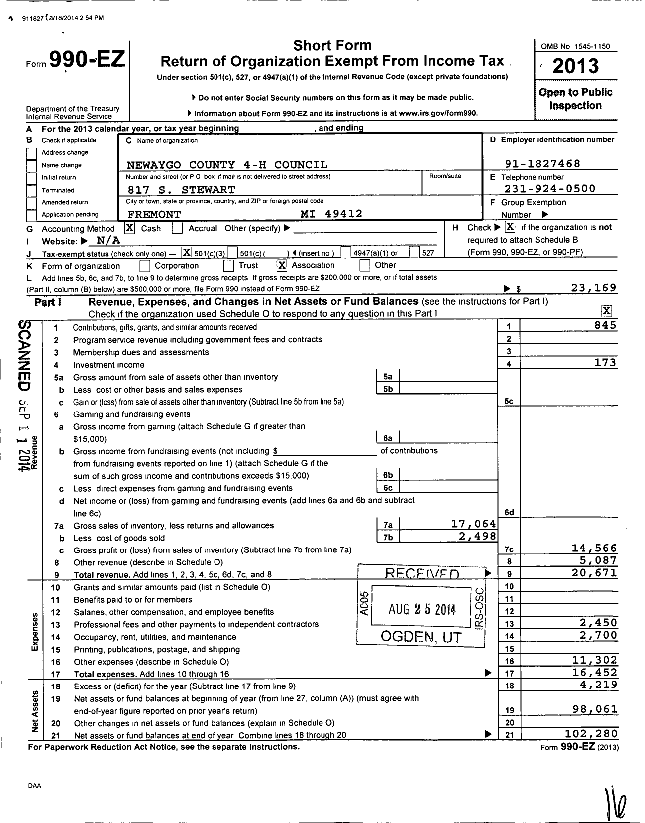 Image of first page of 2013 Form 990EZ for Michigan State University / Newaygo County 4-H Council