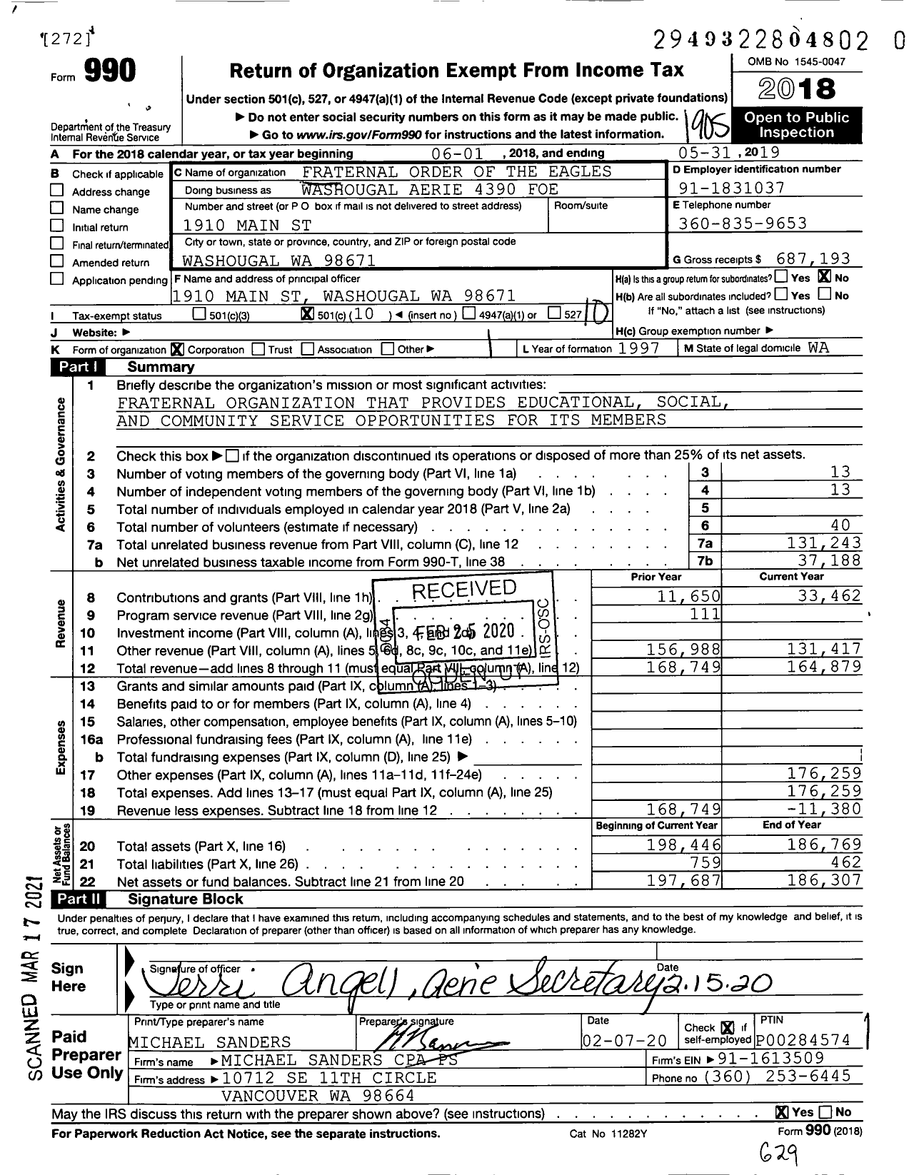 Image of first page of 2018 Form 990O for Fraternal Order of Eagles - Washougal Aerie 4390 Foe