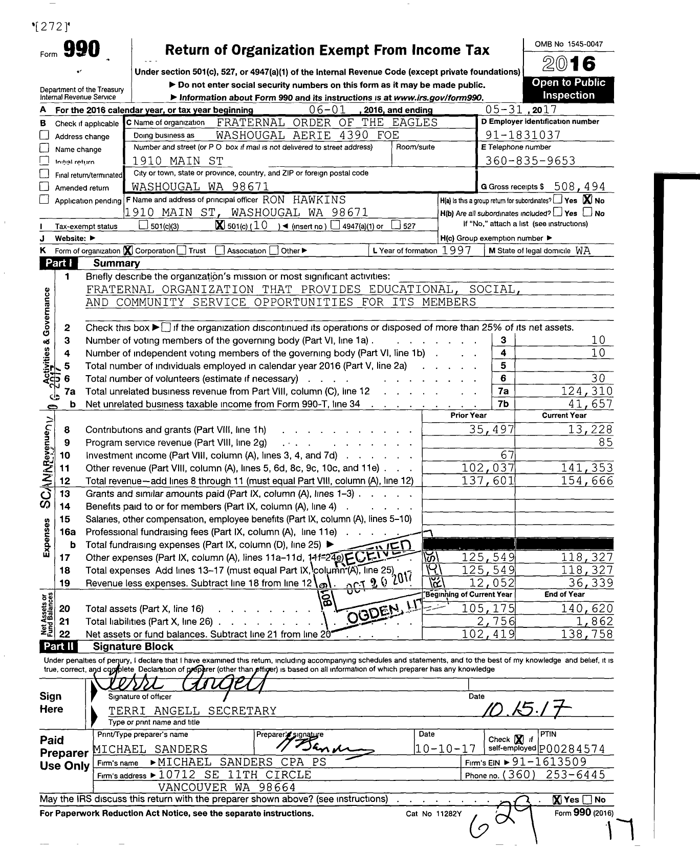 Image of first page of 2016 Form 990O for Fraternal Order of Eagles - Washougal Aerie 4390 Foe