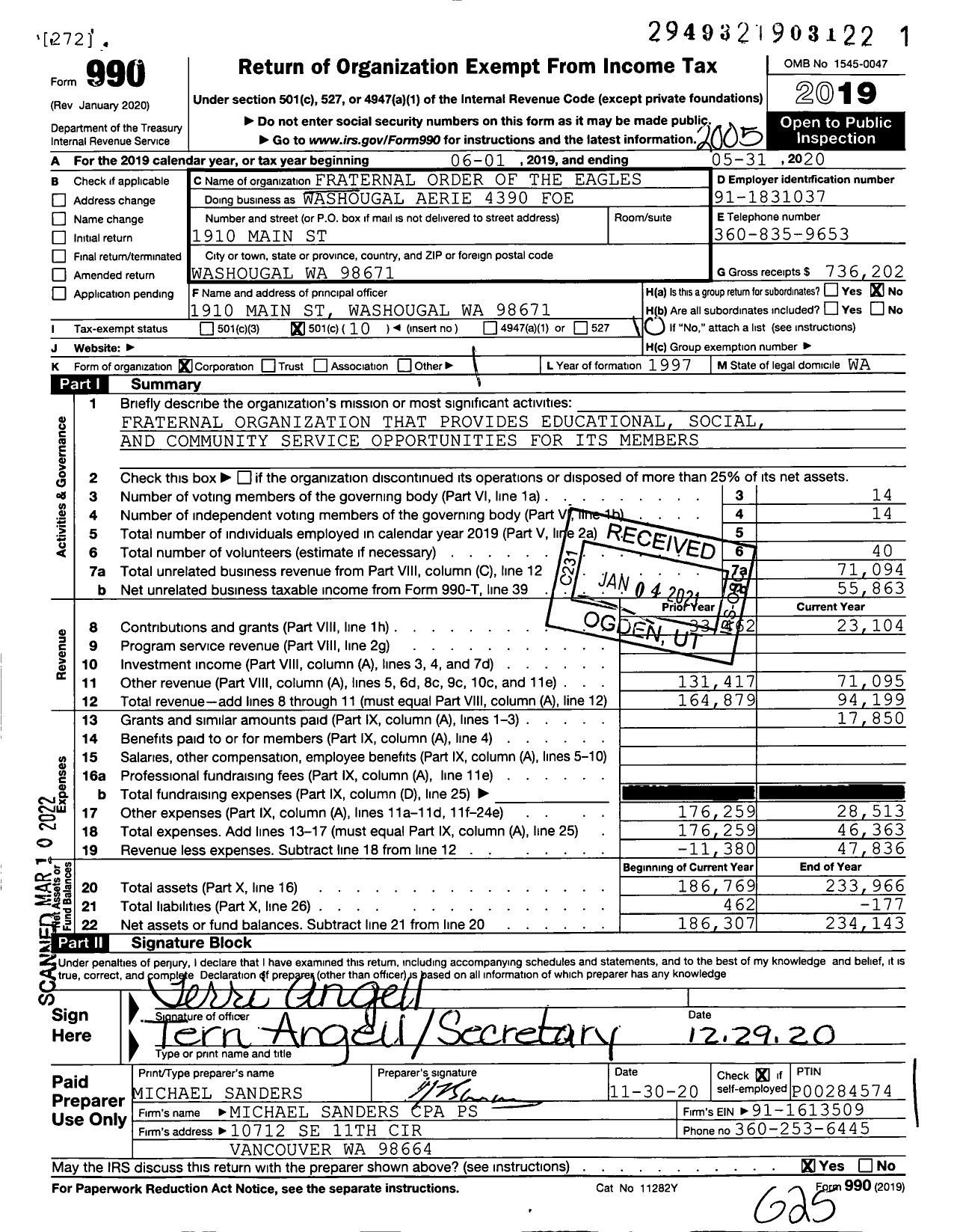 Image of first page of 2019 Form 990O for Fraternal Order of Eagles - Washougal Aerie 4390 Foe