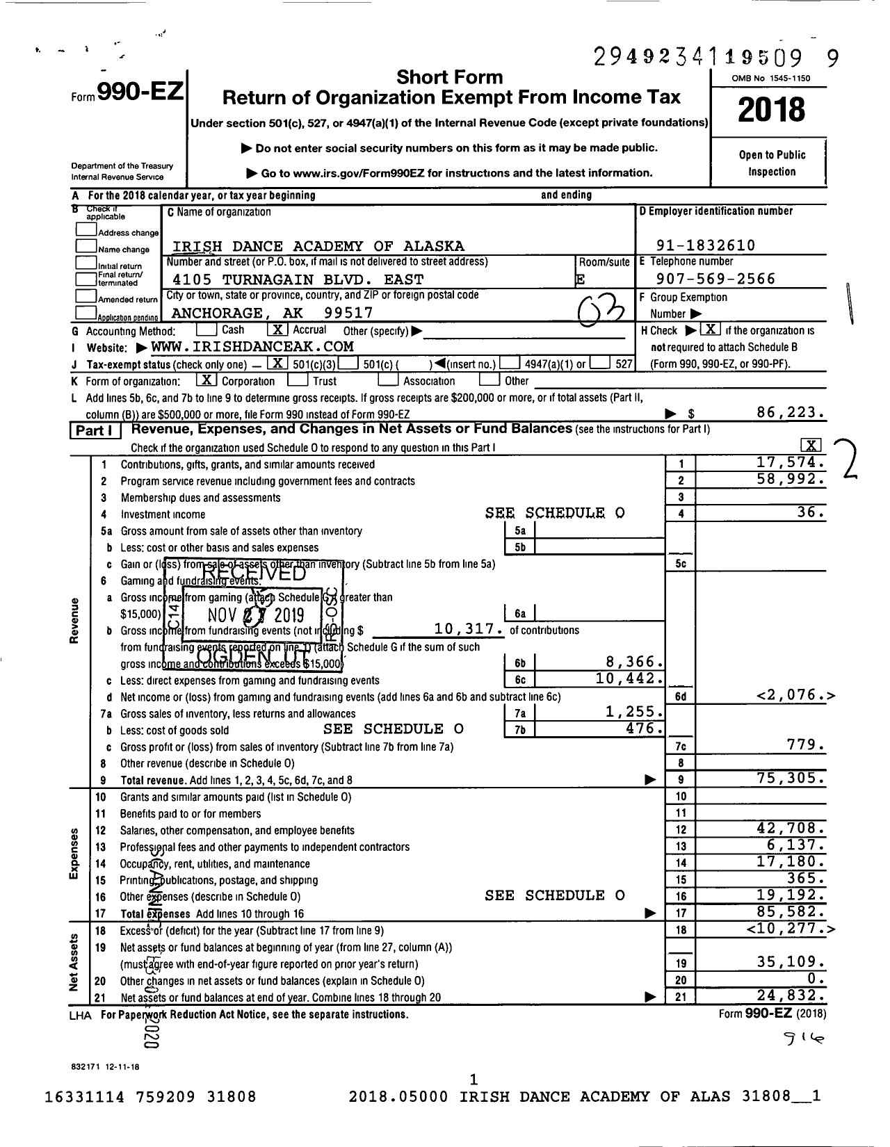 Image of first page of 2018 Form 990EZ for Irish Dance Academy of Alaska