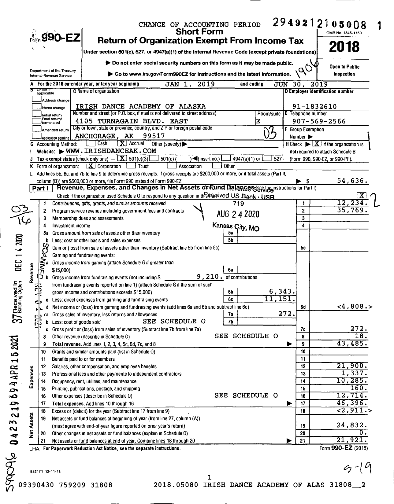 Image of first page of 2018 Form 990EZ for Irish Dance Academy of Alaska