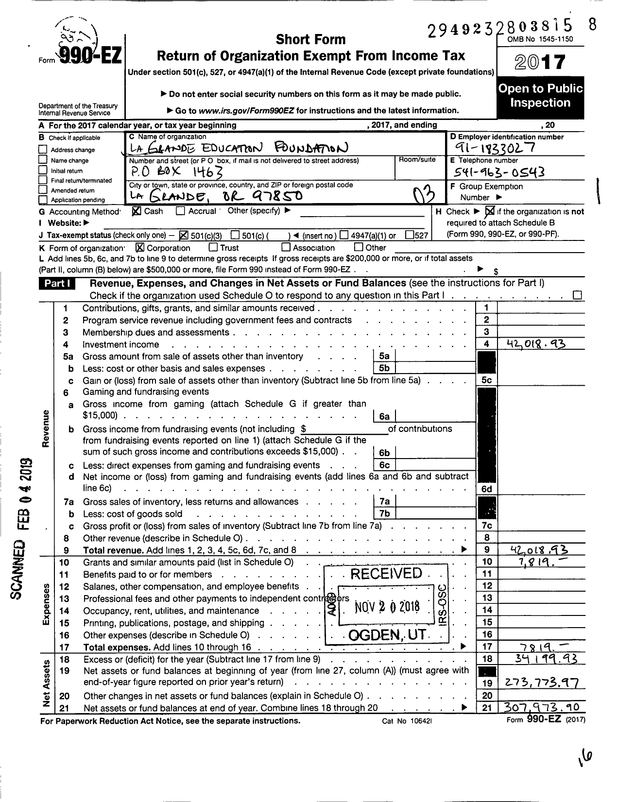 Image of first page of 2017 Form 990EZ for La Grande Education Foundation