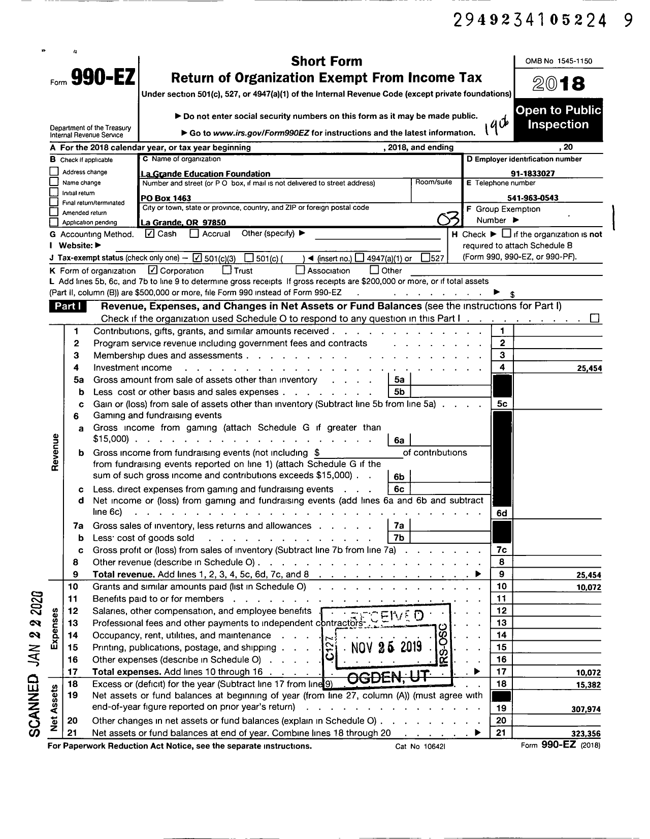 Image of first page of 2018 Form 990EZ for La Grande Education Foundation