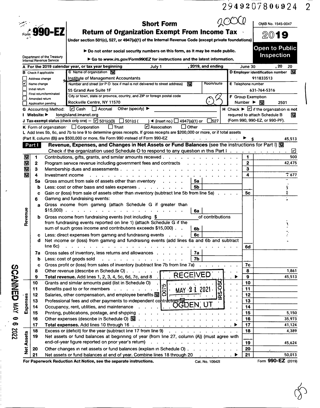 Image of first page of 2019 Form 990EZ for Institute of Management Accountants - 107 Long Island