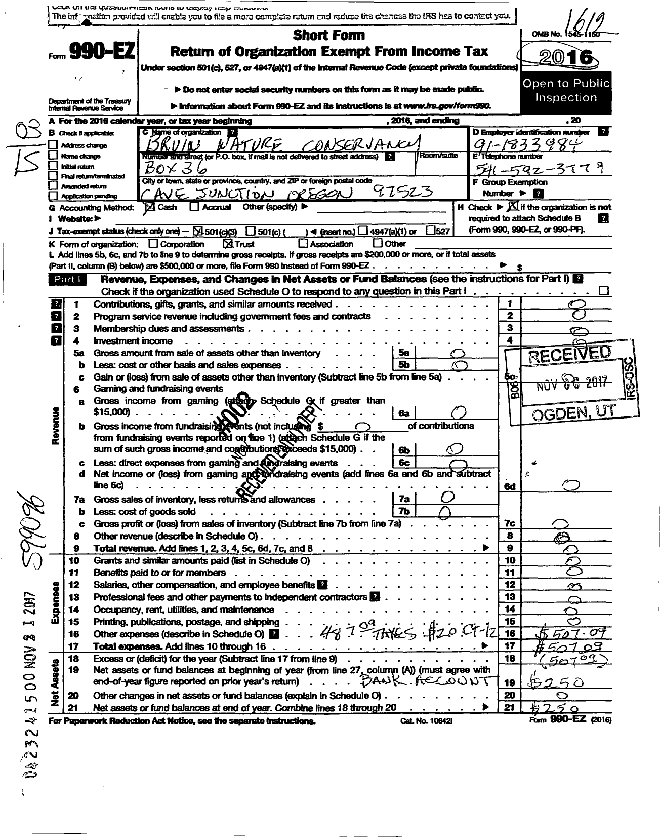 Image of first page of 2016 Form 990EZ for Bruin Nature Conservancy