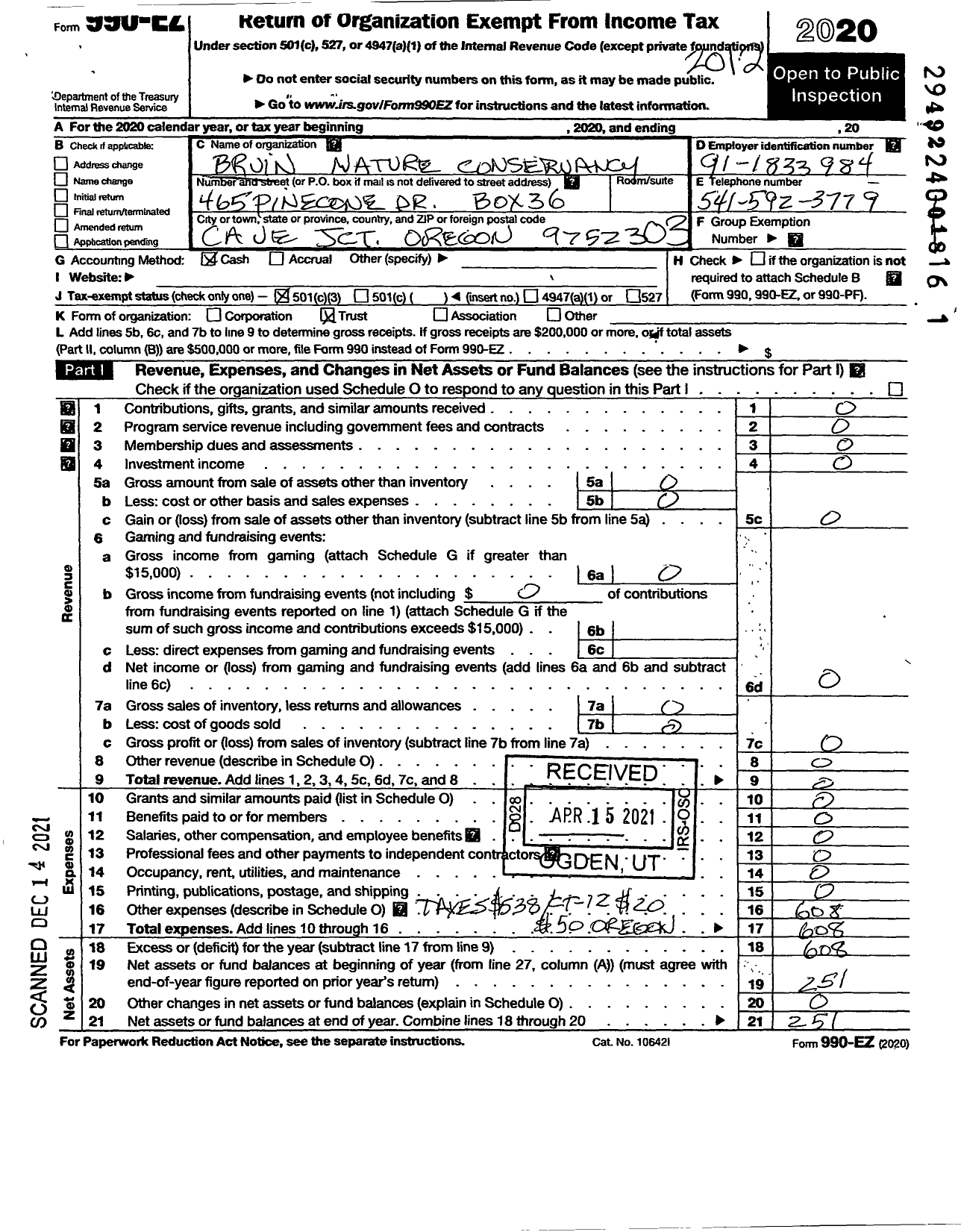 Image of first page of 2020 Form 990EZ for Bruin Nature Conservancy