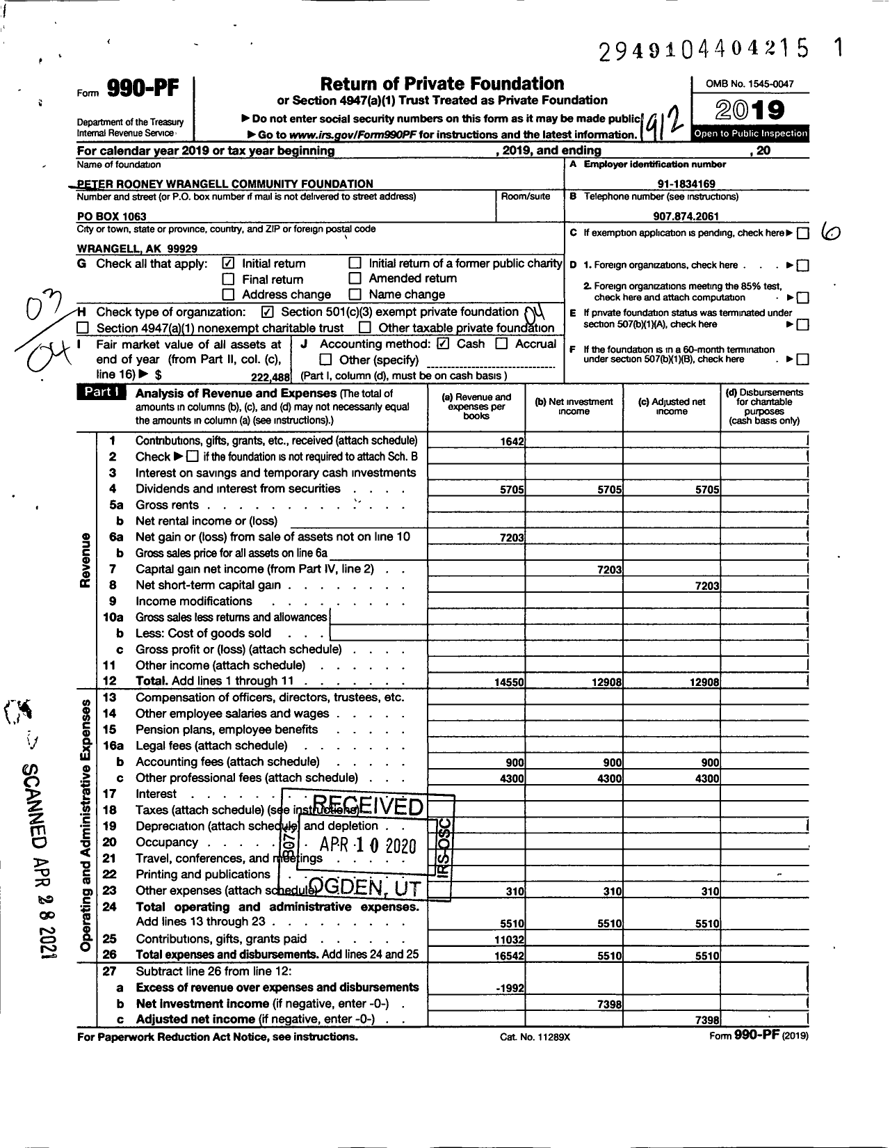 Image of first page of 2019 Form 990PF for Peter Rooney Wrangell Community Foundation