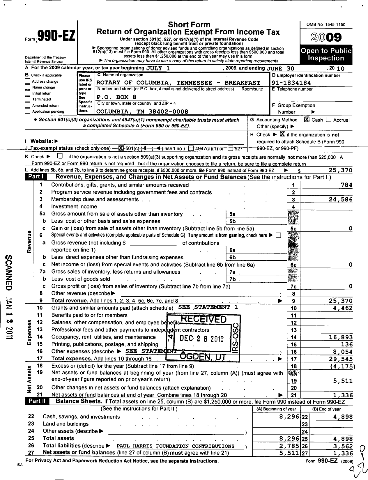 Image of first page of 2009 Form 990EO for Rotary International - Columbia Breakfast TN