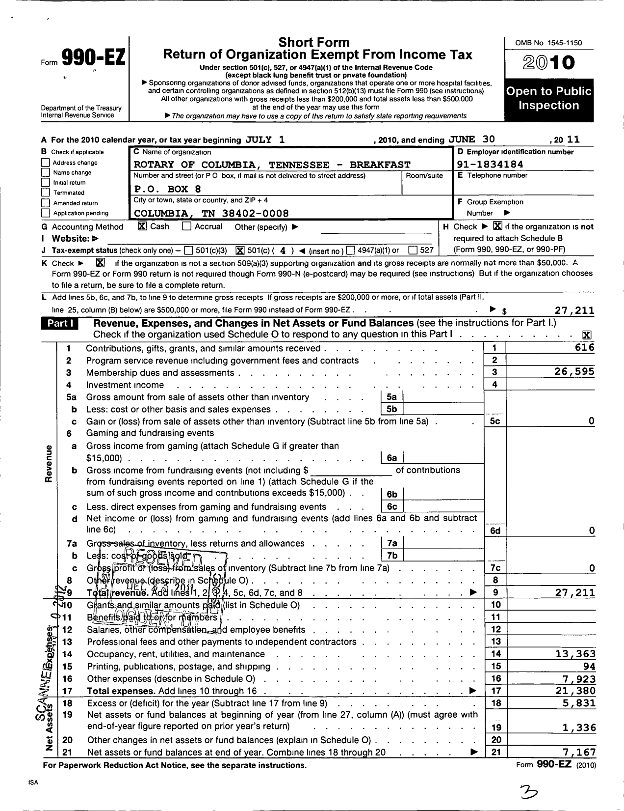 Image of first page of 2010 Form 990EO for Rotary International - Columbia Breakfast TN