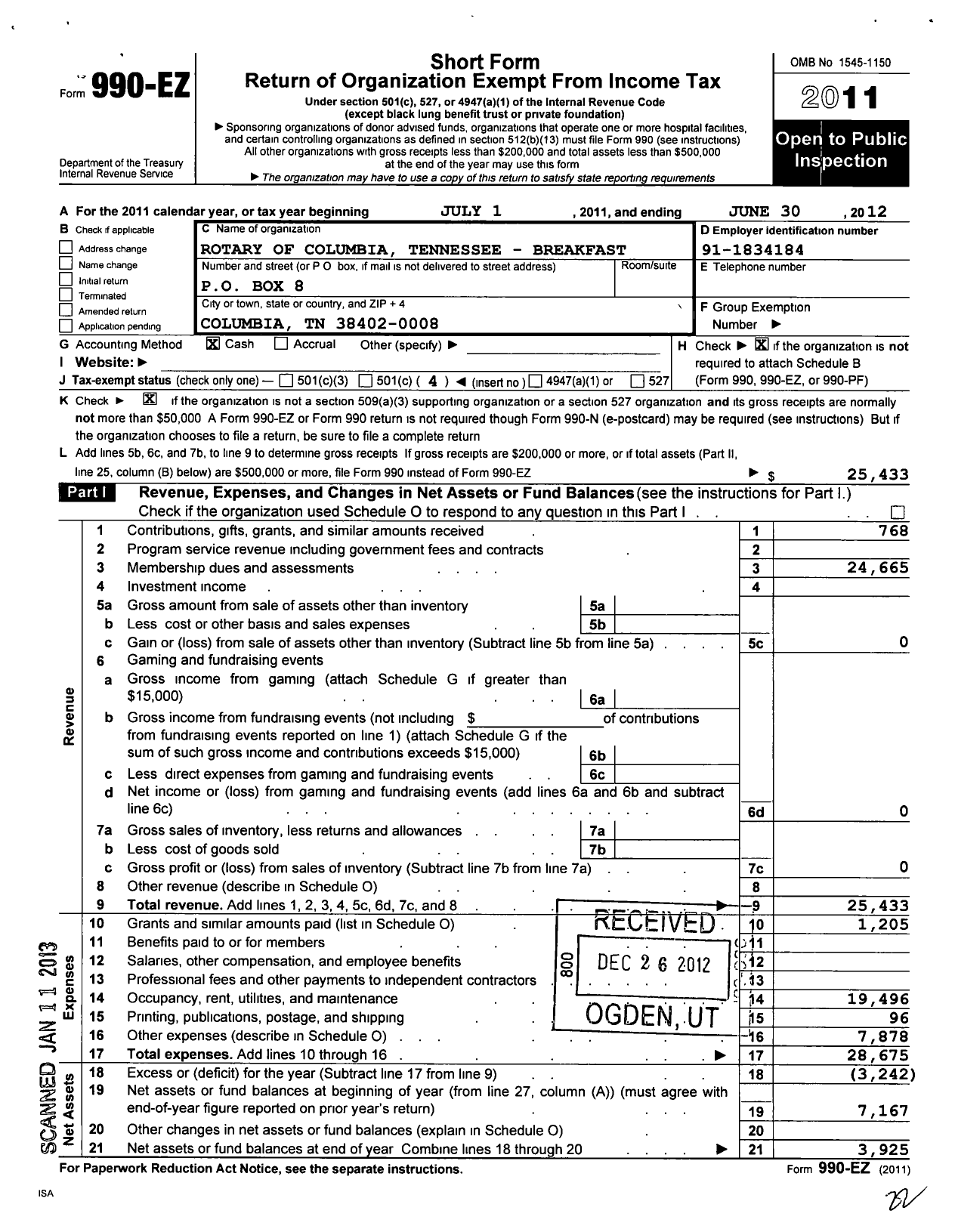 Image of first page of 2011 Form 990EO for Rotary International - Columbia Breakfast TN