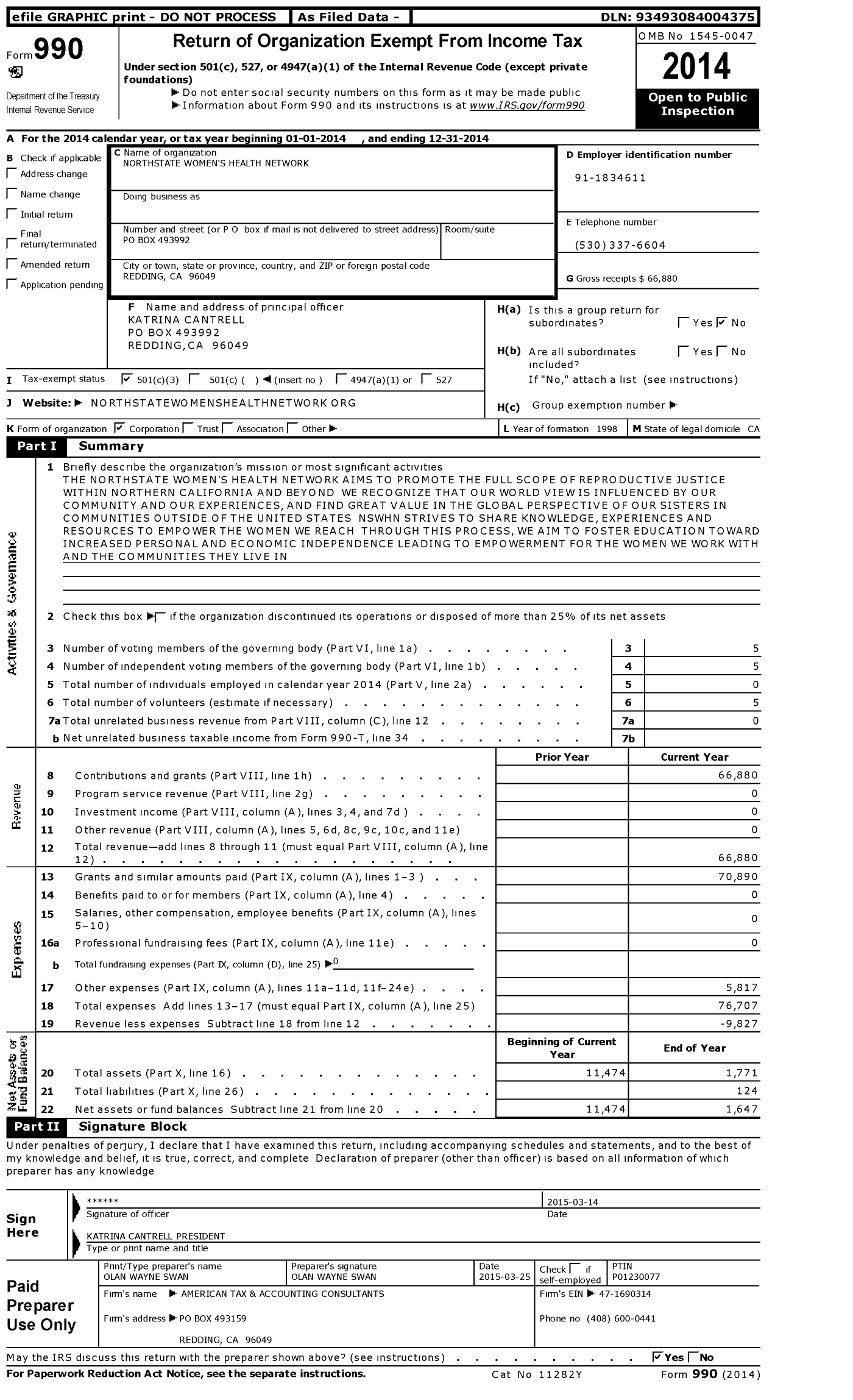 Image of first page of 2014 Form 990 for Northstate Womens Health Network