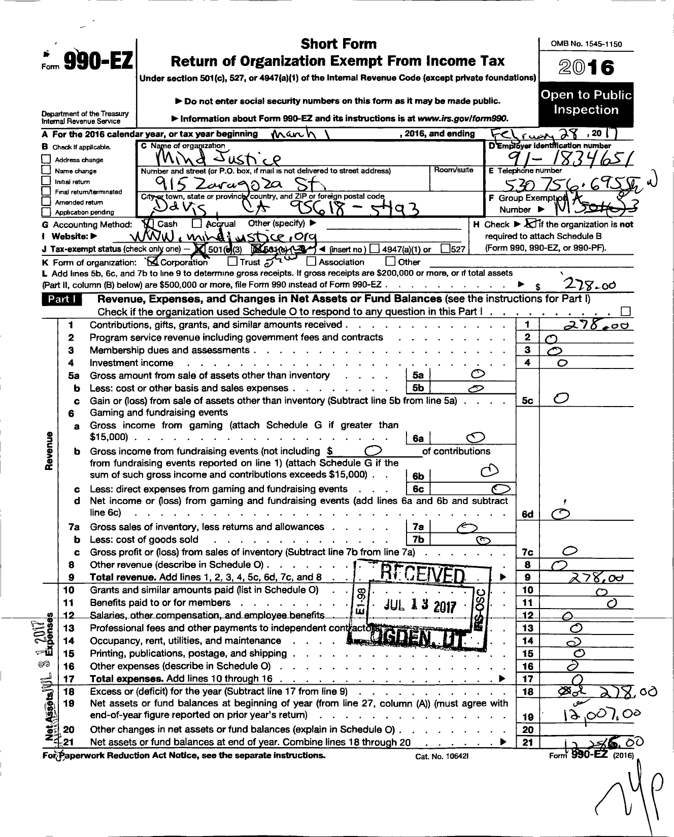 Image of first page of 2016 Form 990EZ for Mind Justice