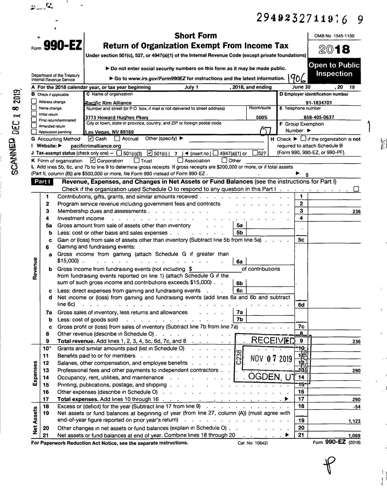 Image of first page of 2018 Form 990EO for Pacific Rim Alliance