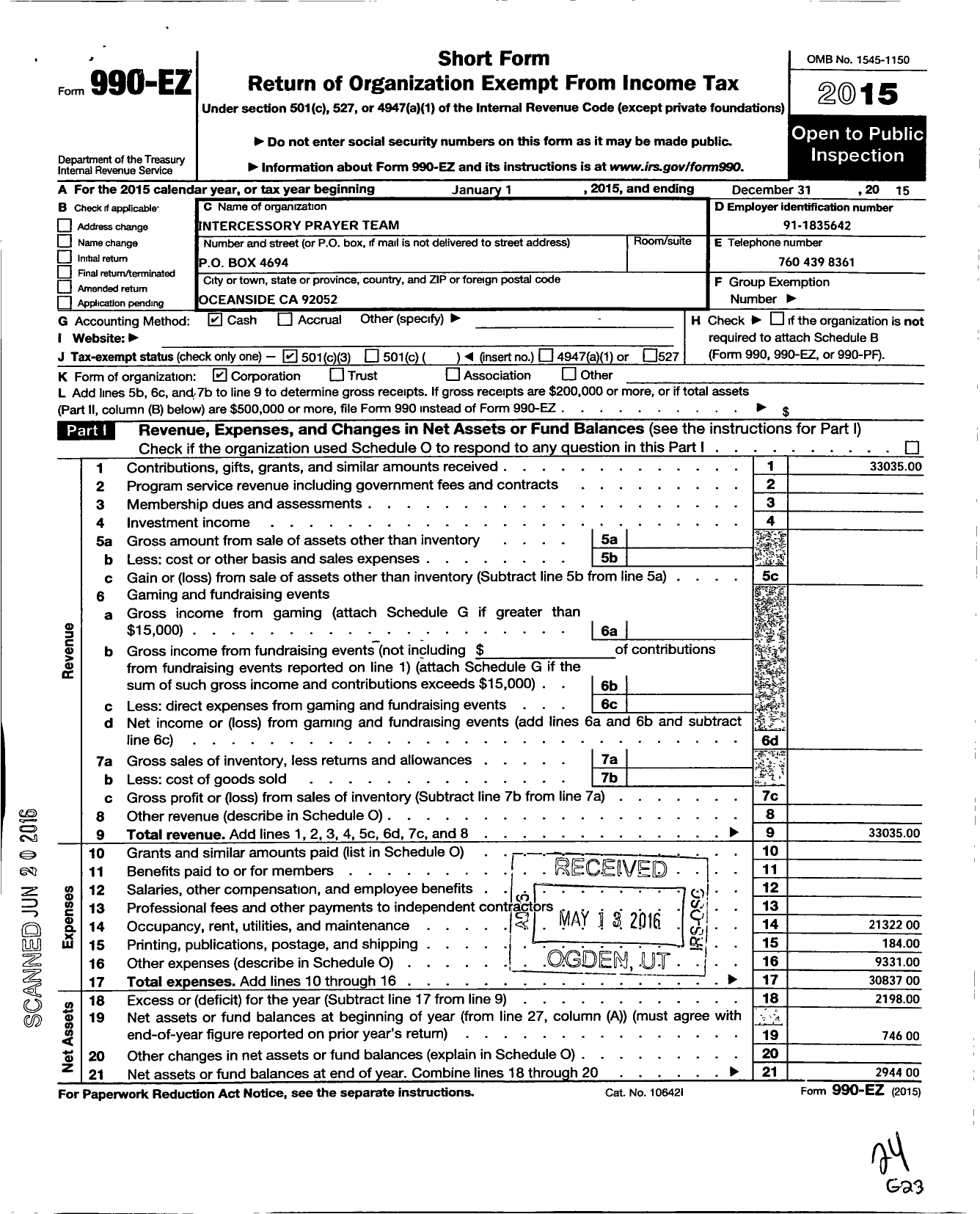 Image of first page of 2015 Form 990EZ for Intercessary Prayer Team