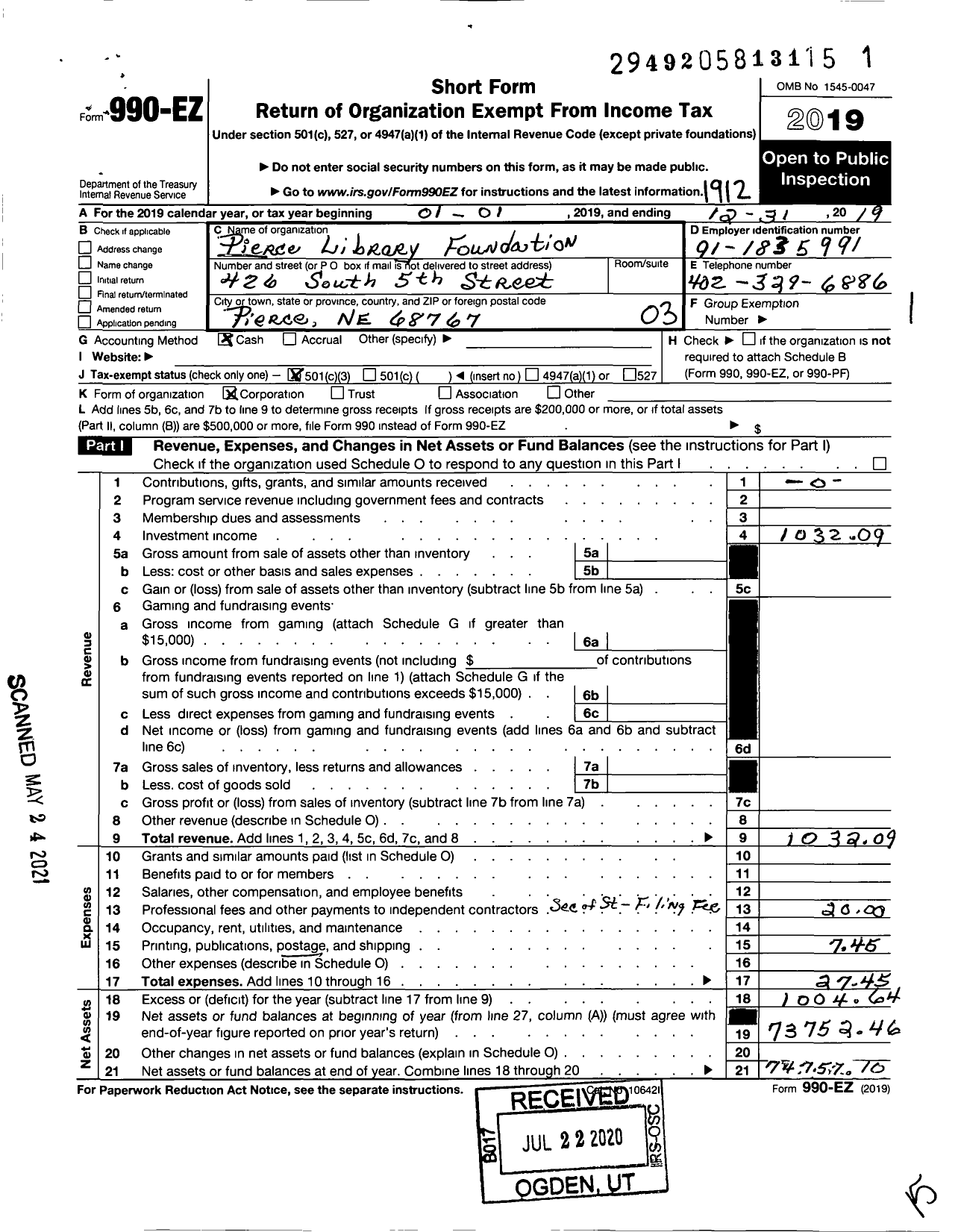 Image of first page of 2019 Form 990EZ for Pierce Library Foundation