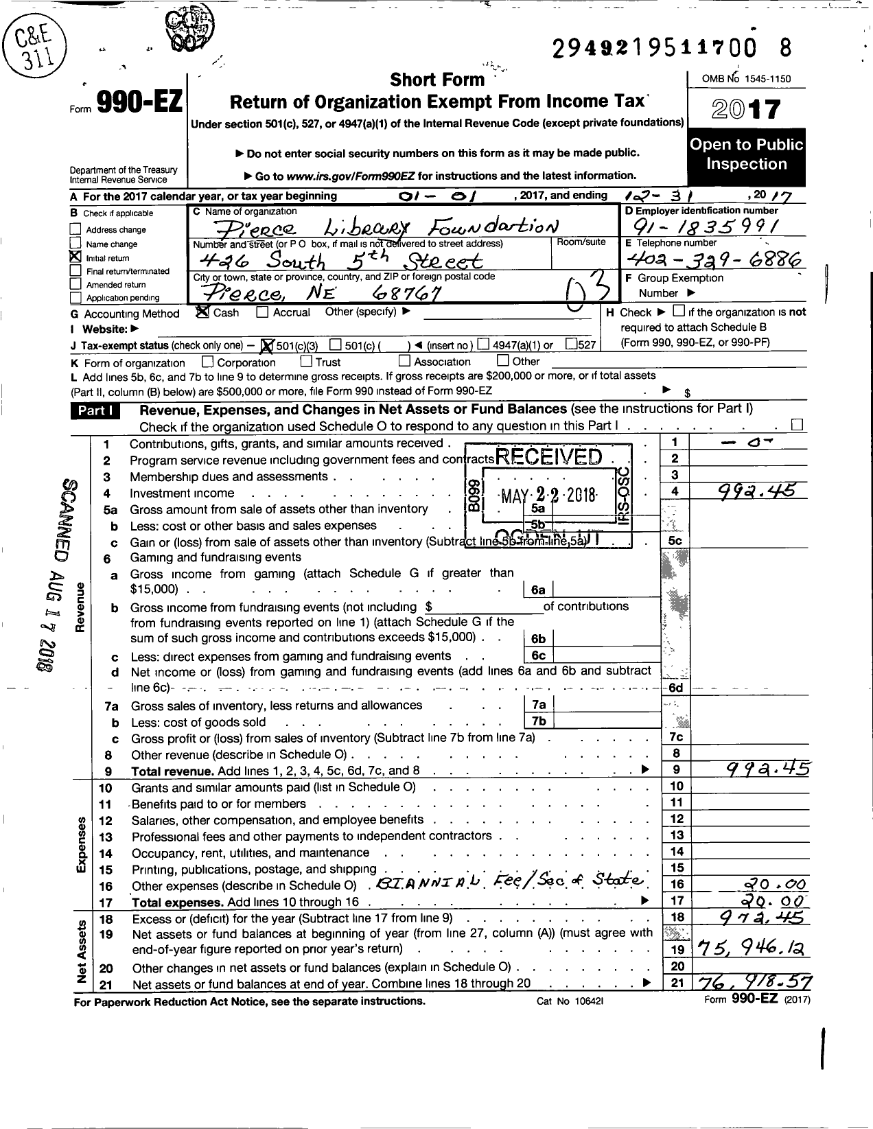 Image of first page of 2017 Form 990EZ for Pierce Library Foundation