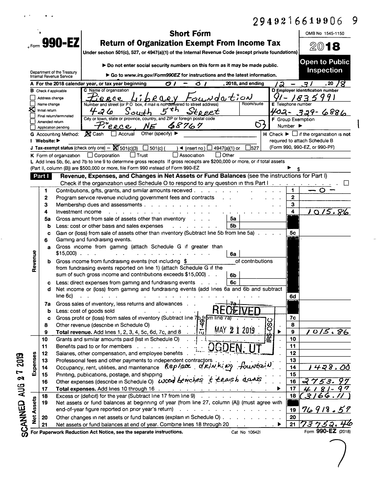 Image of first page of 2018 Form 990EZ for Pierce Library Foundation