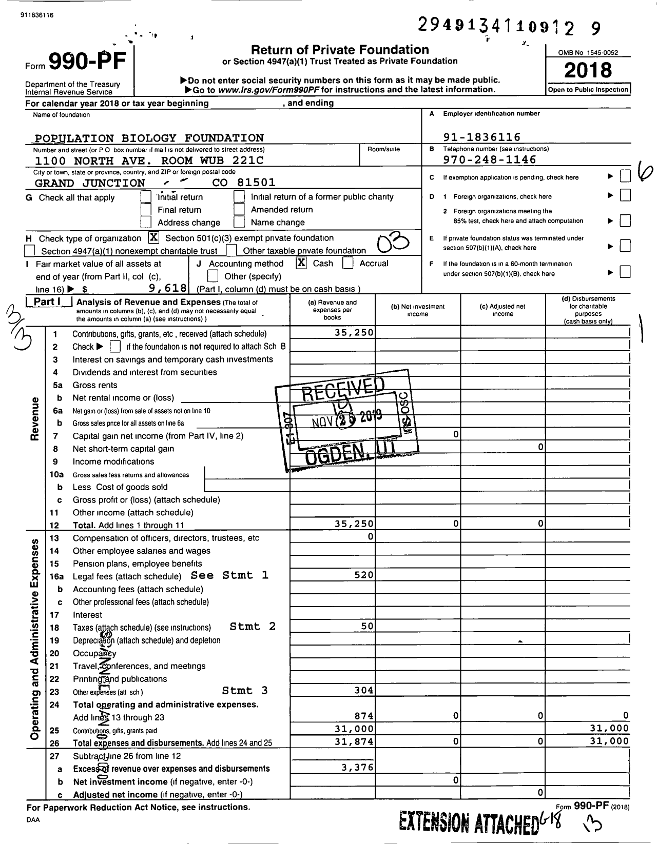 Image of first page of 2018 Form 990PF for Population Biology Foundation