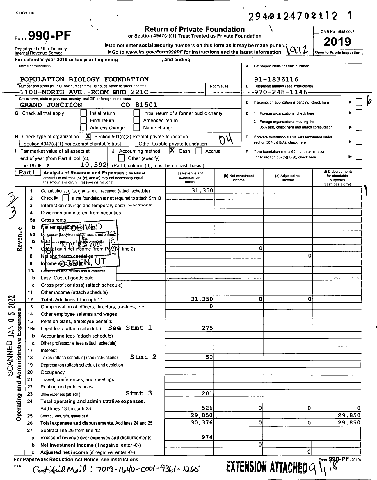 Image of first page of 2019 Form 990PF for Population Biology Foundation