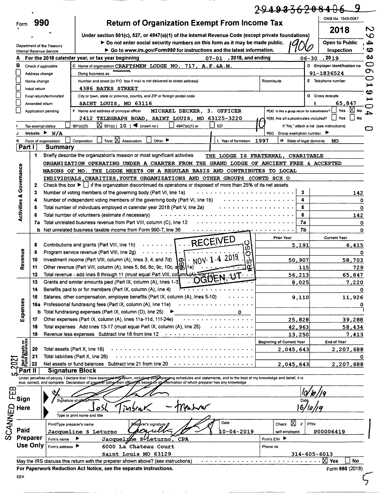 Image of first page of 2018 Form 990O for Ancient Free and Accepted Masons of Missouri - 717 Craftsmen Lodge