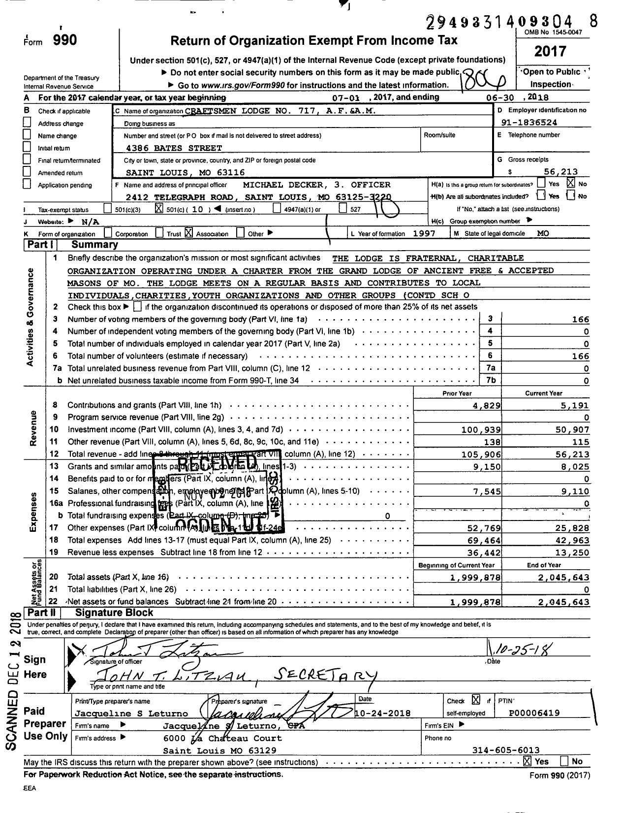 Image of first page of 2017 Form 990O for Ancient Free and Accepted Masons of Missouri - 717 Craftsmen Lodge