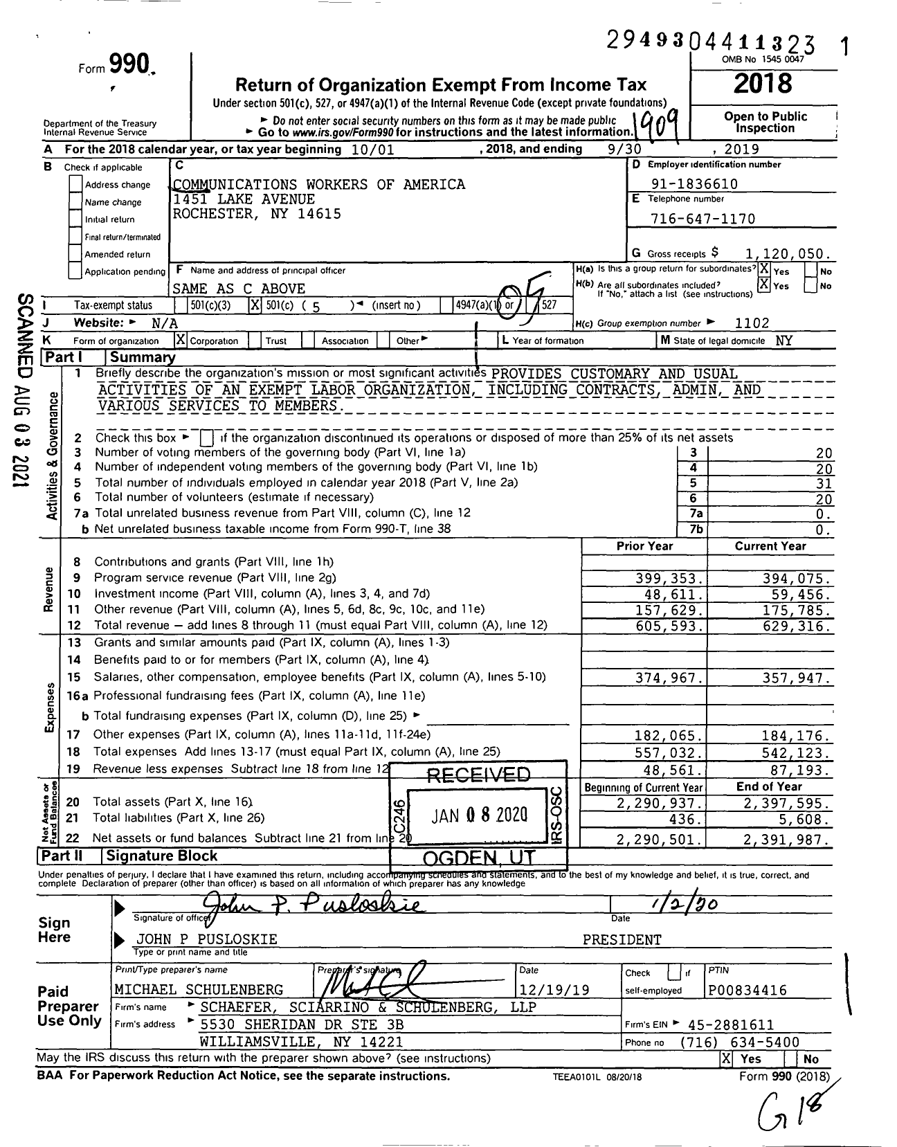 Image of first page of 2018 Form 990O for Communications Workers of America - Group Return Local 1170