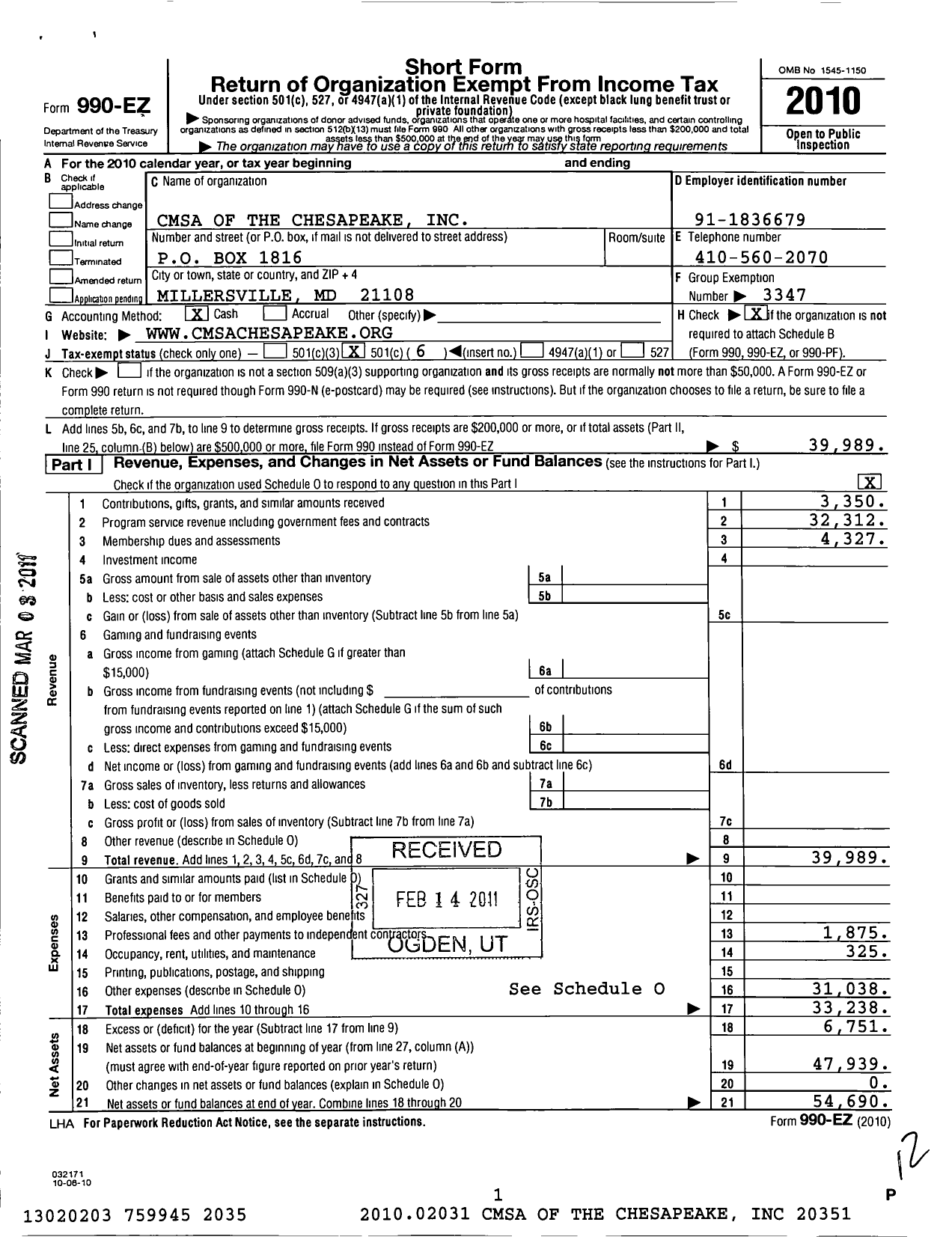 Image of first page of 2010 Form 990EO for Case Management Society of America / Cmsa of the Chesapeake