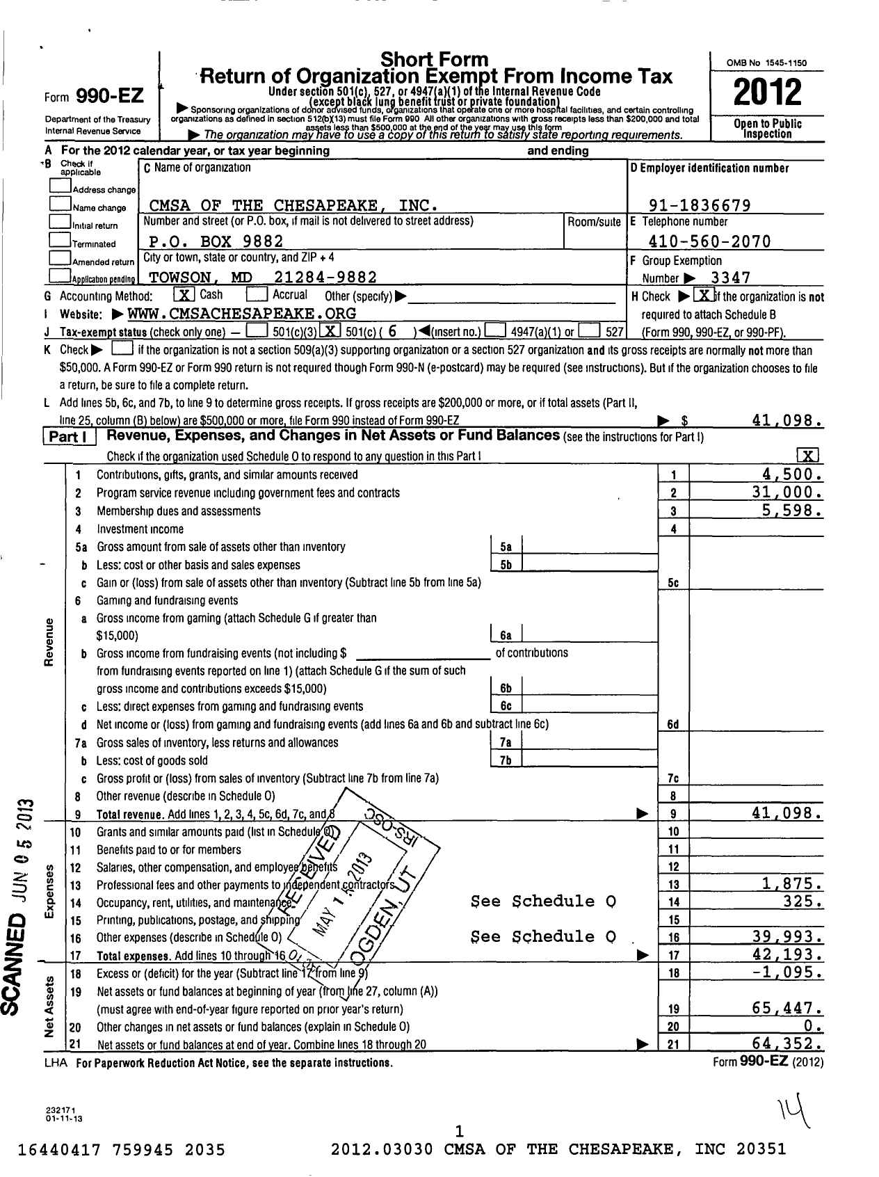 Image of first page of 2012 Form 990EO for Case Management Society of America / Cmsa of the Chesapeake