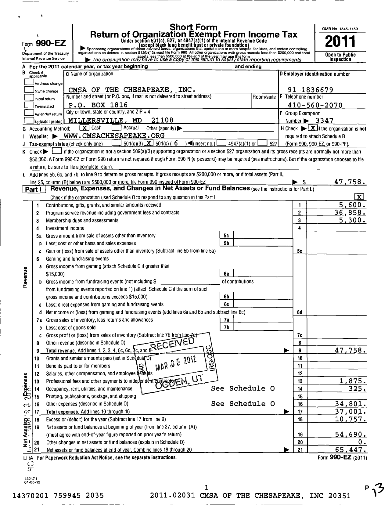 Image of first page of 2011 Form 990EO for Case Management Society of America / Cmsa of the Chesapeake