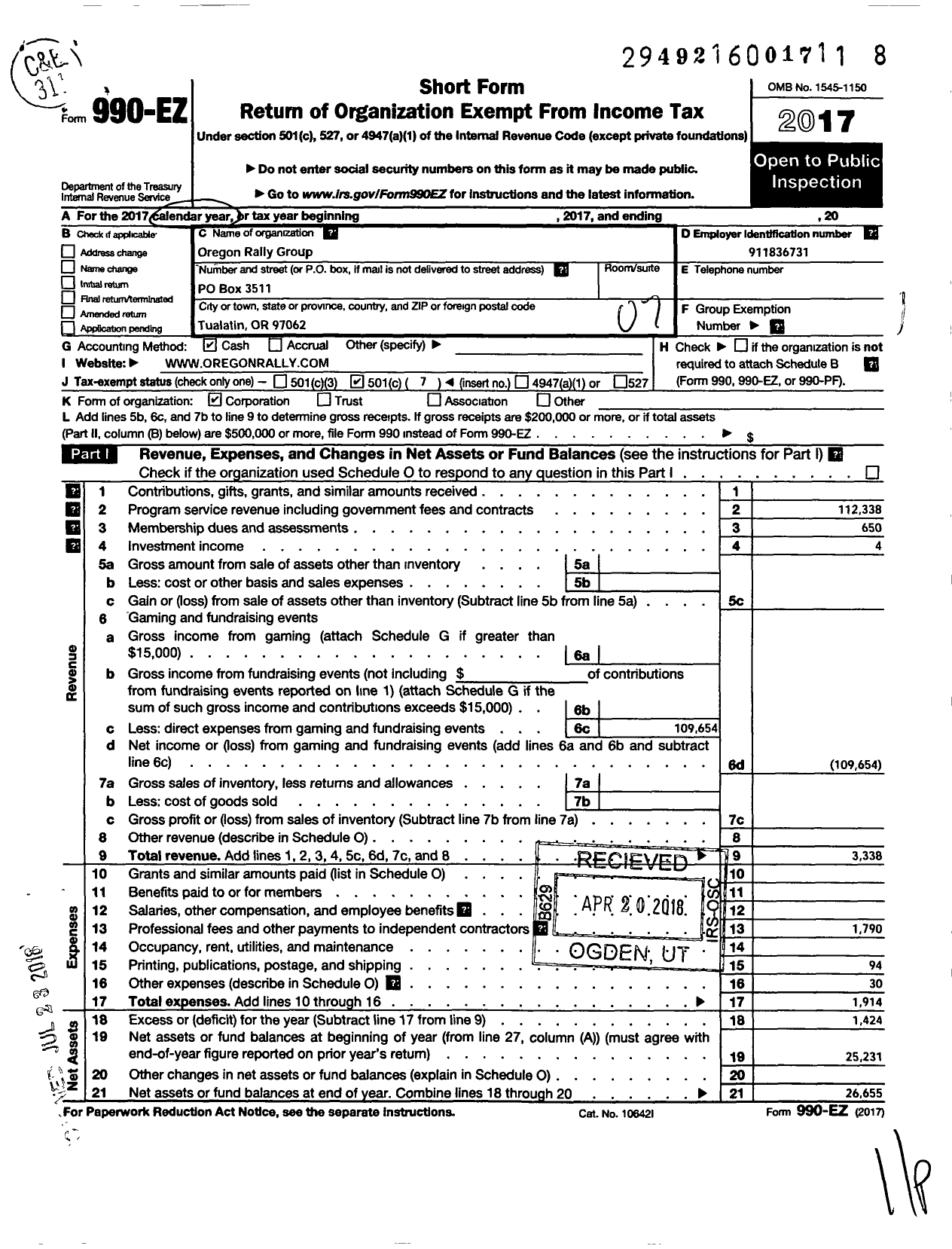 Image of first page of 2017 Form 990EO for Oregon Rally Group