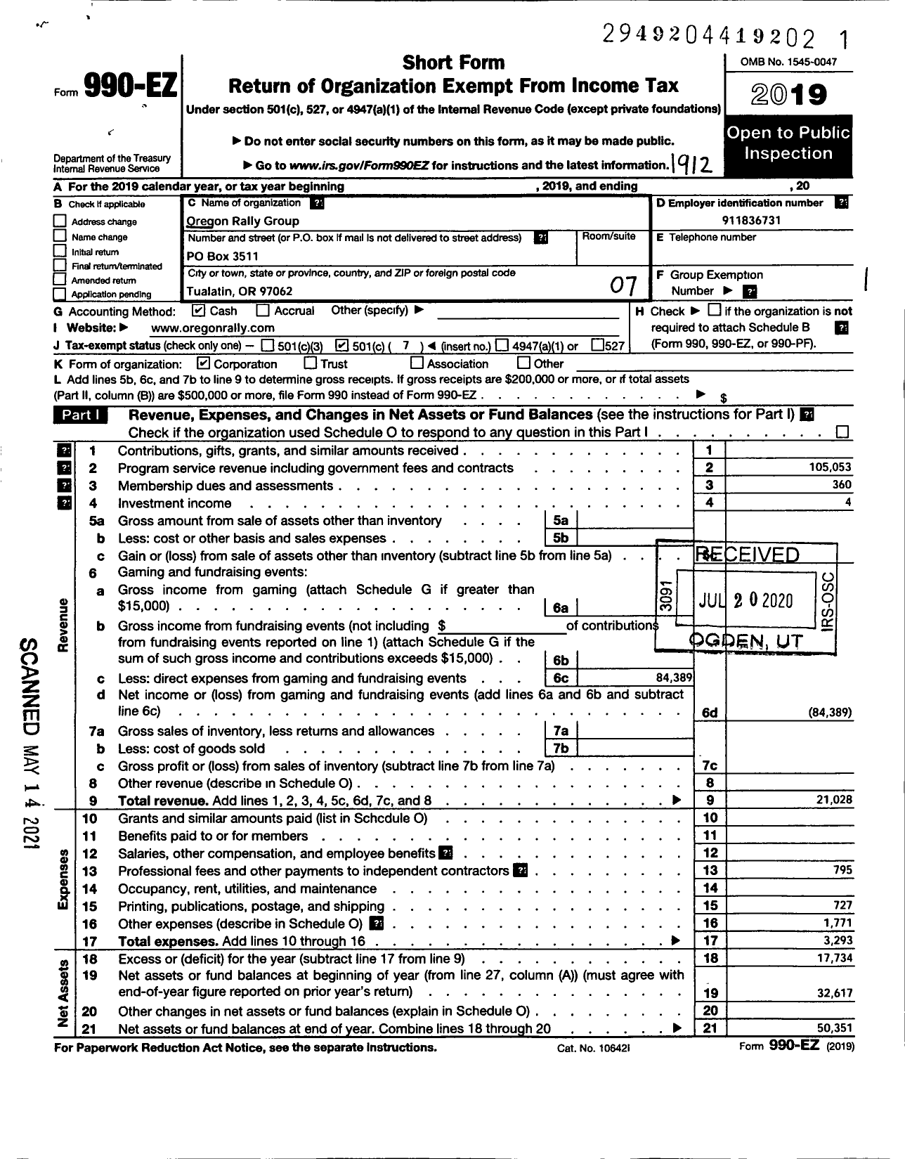 Image of first page of 2019 Form 990EO for Oregon Rally Group