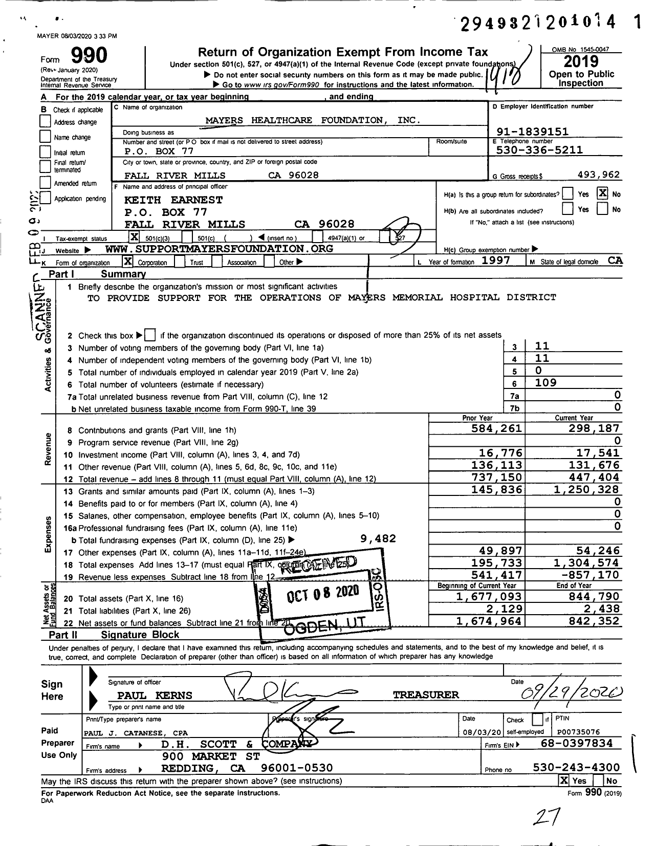 Image of first page of 2019 Form 990 for Mayers Healthcare Foundation