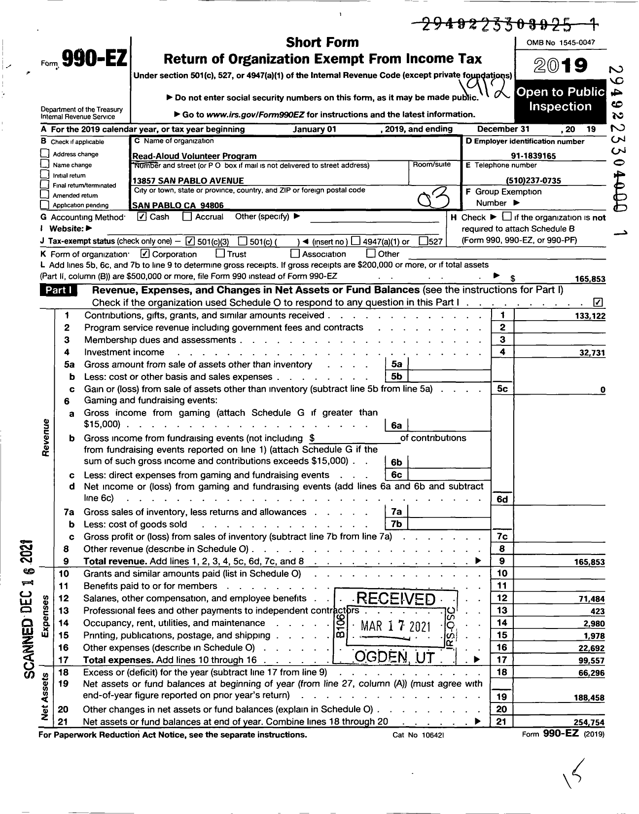 Image of first page of 2019 Form 990EZ for Read-Aloud Volunteer Program