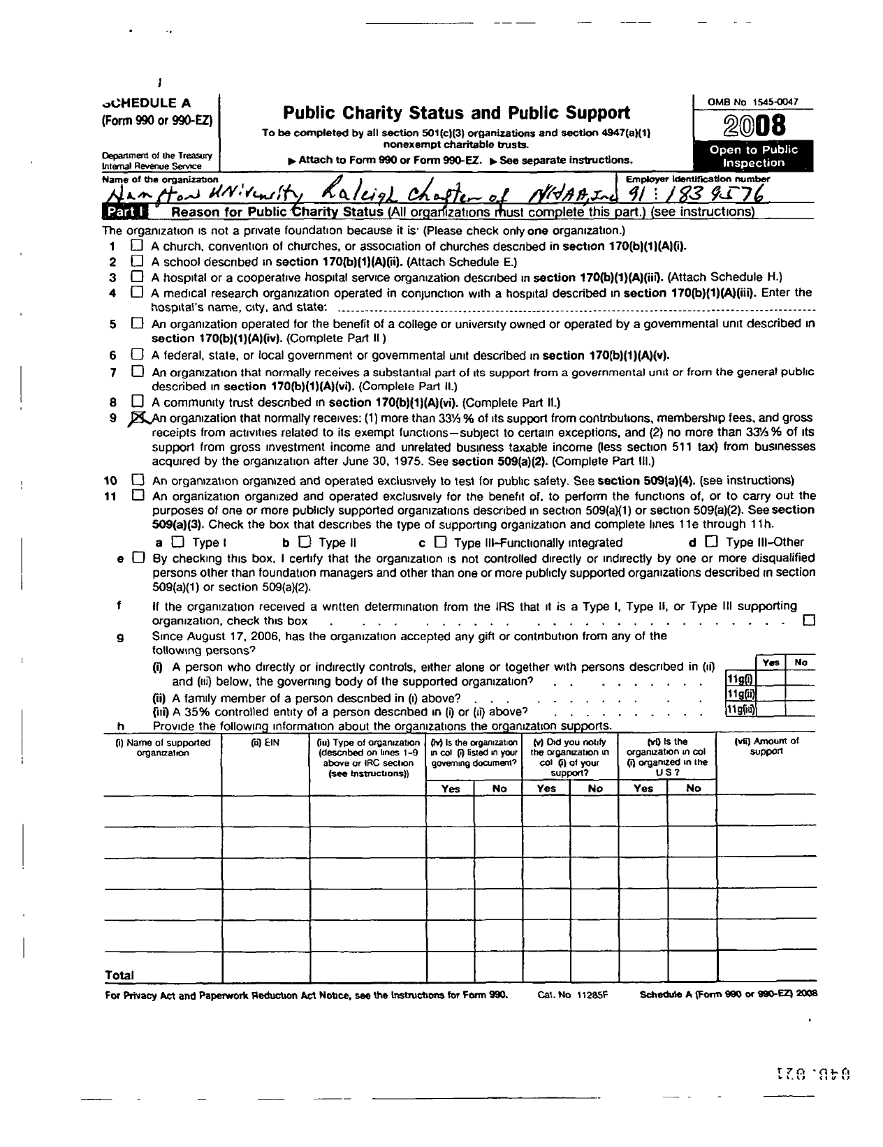 Image of first page of 2008 Form 990R for Hampton University / Raleigh Chapter of Nhaa Inc