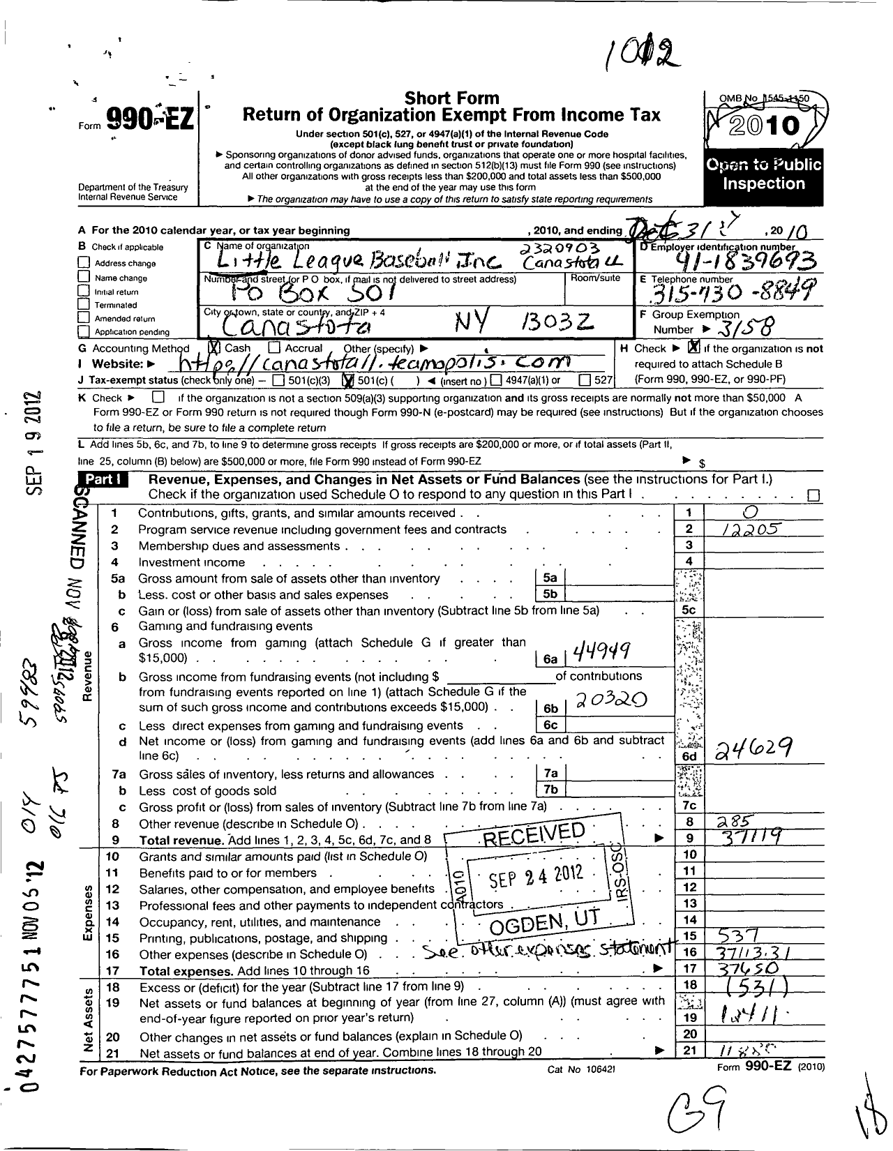 Image of first page of 2010 Form 990EO for Little League Baseball - 2320903 Canastota LL