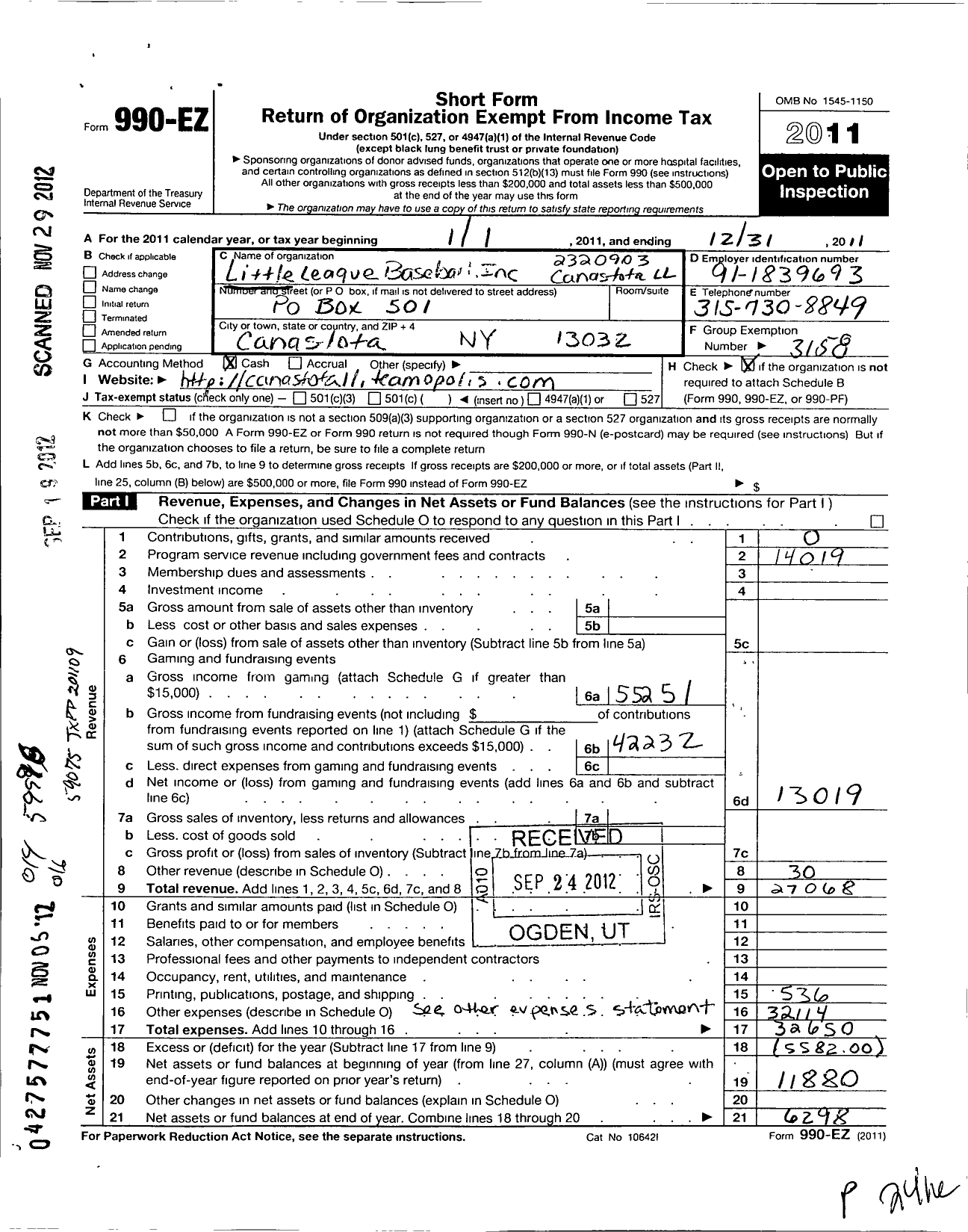 Image of first page of 2011 Form 990EO for Little League Baseball - 2320903 Canastota LL