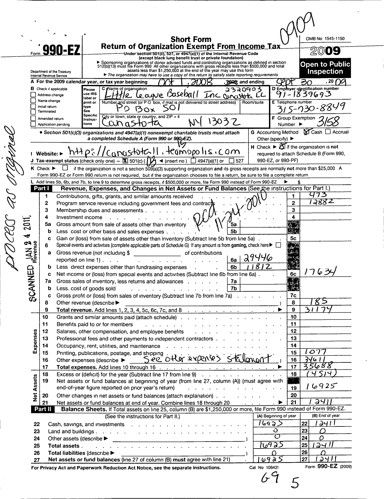 Image of first page of 2008 Form 990EZ for Little League Baseball - 2320903 Canastota LL