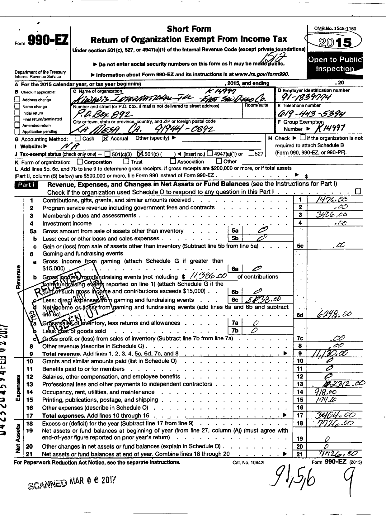 Image of first page of 2015 Form 990EO for Kiwanis International - K14997 East San Diego County