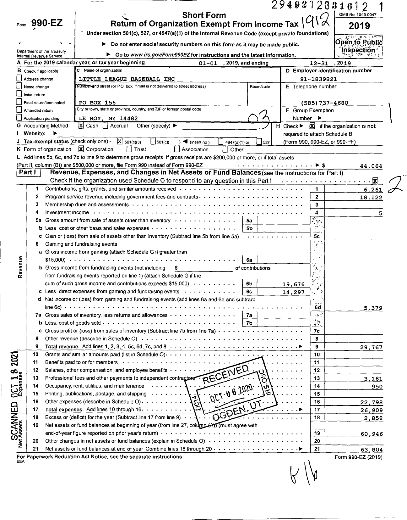 Image of first page of 2019 Form 990EZ for Little League Baseball - 2320307 Leroy LL