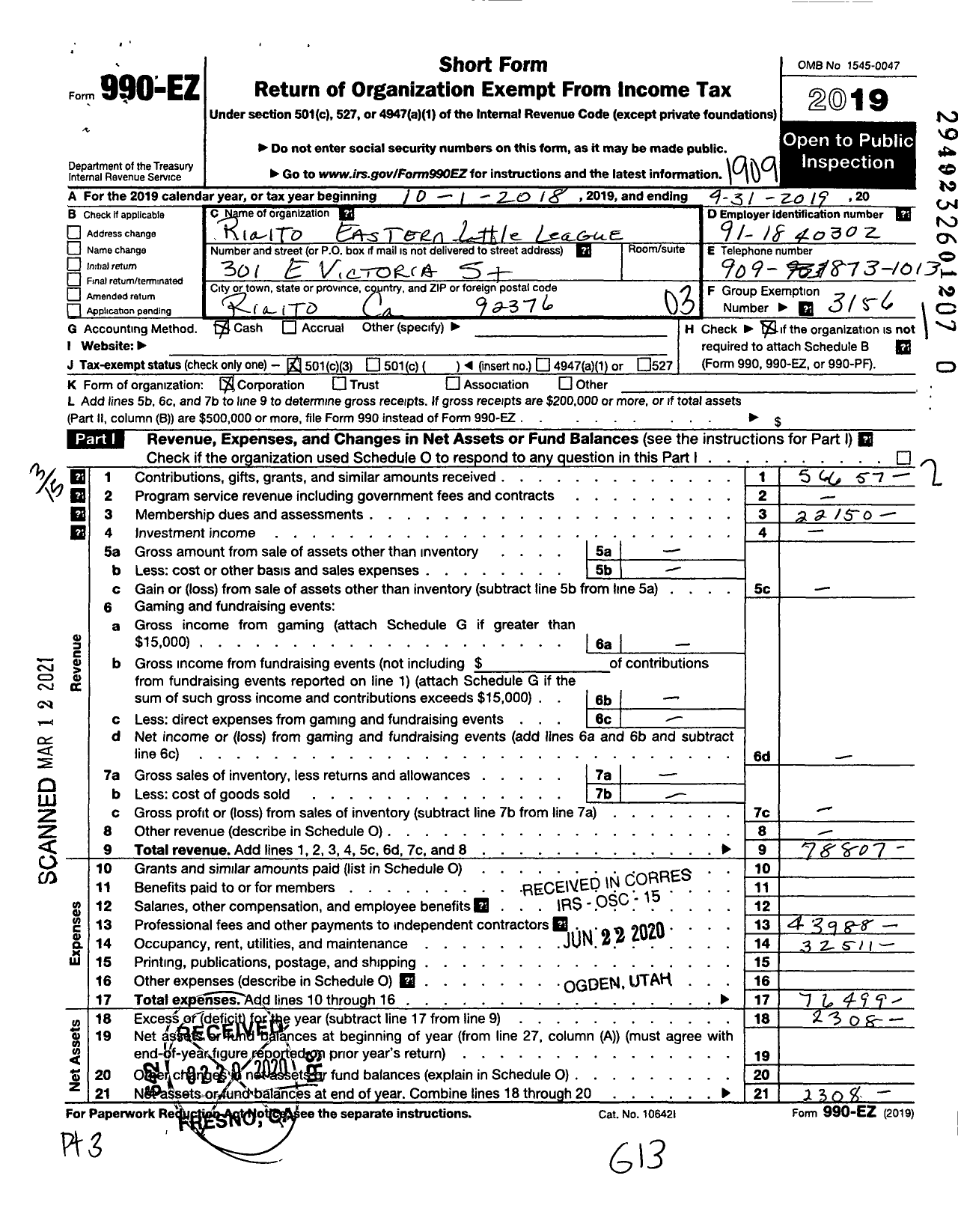 Image of first page of 2018 Form 990EZ for Little League Baseball - 4052106 Rialto Eastern LL