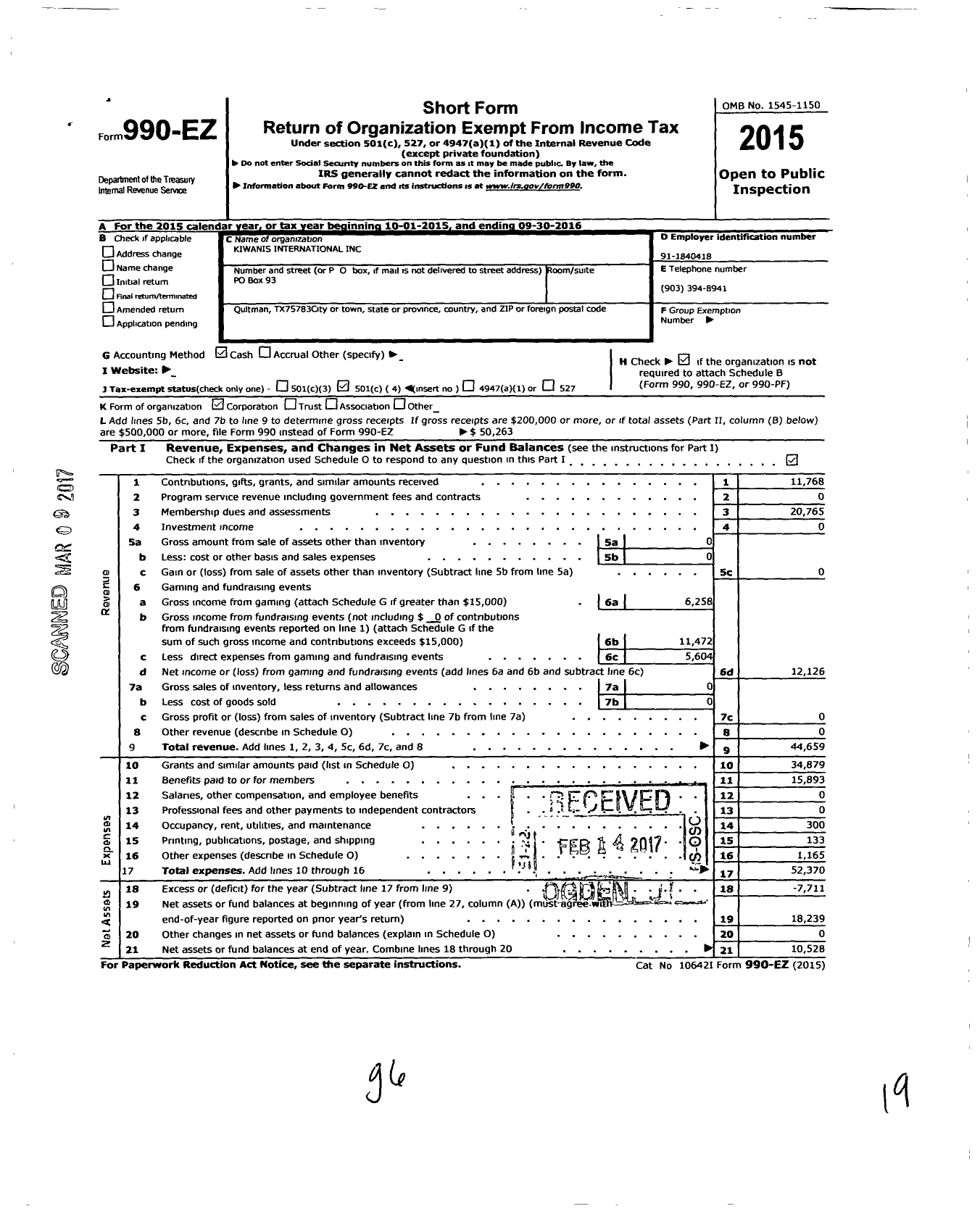 Image of first page of 2015 Form 990EO for Kiwanis International - K14909 Quitman Lake Fork