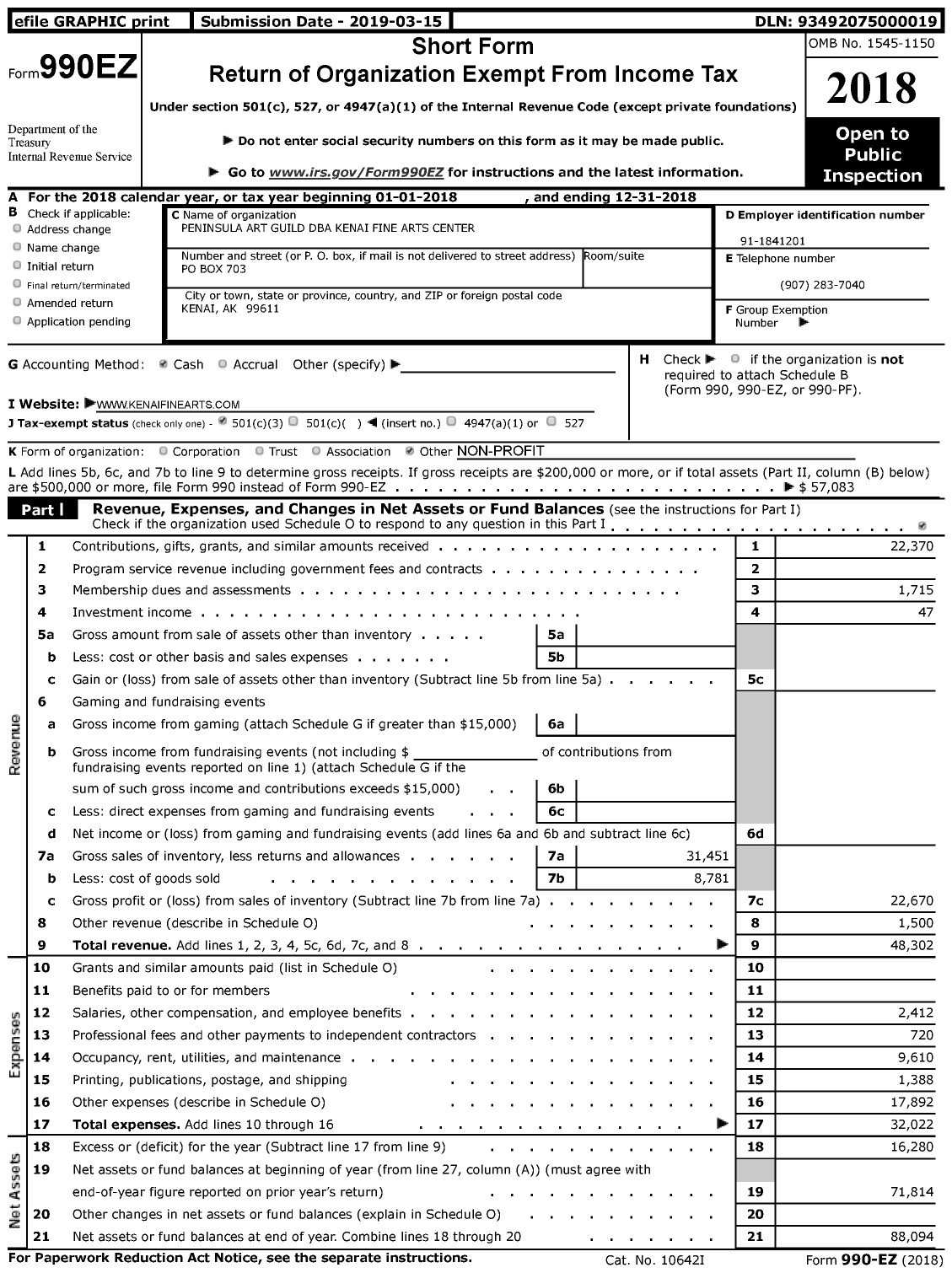 Image of first page of 2018 Form 990EZ for Peninsula Art Guild