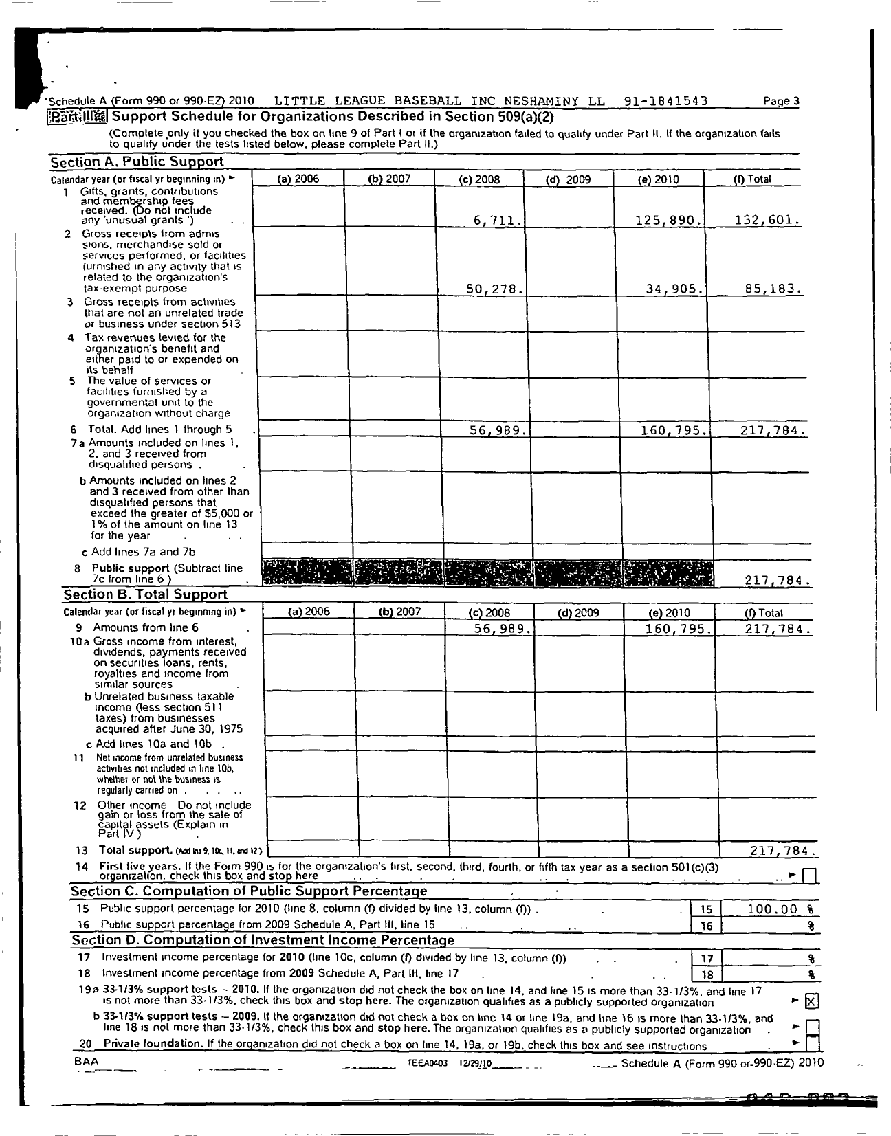 Image of first page of 2010 Form 990ER for Little League Baseball - 2382114 Neshaminy Wildcats Aa LL