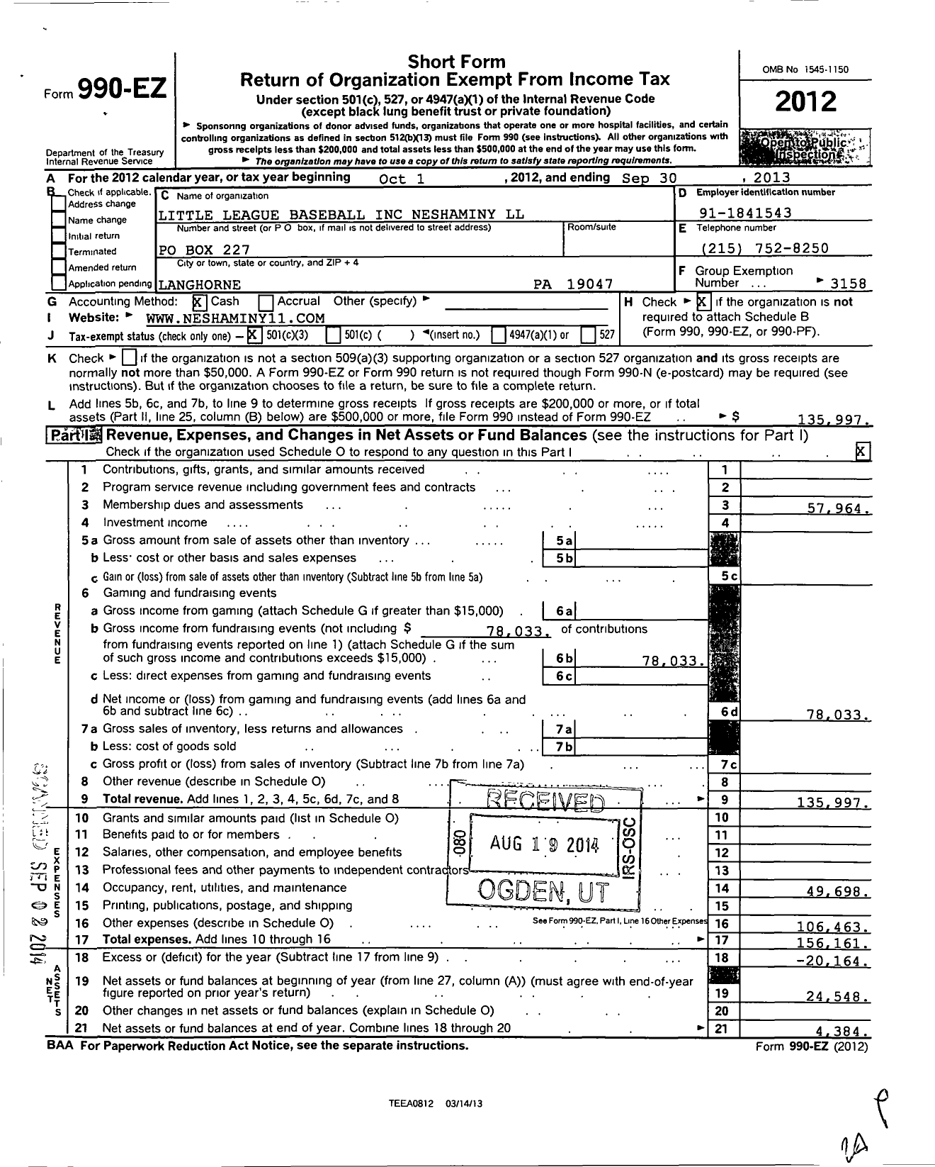 Image of first page of 2012 Form 990EZ for Little League Baseball - 2382114 Neshaminy Wildcats Aa LL