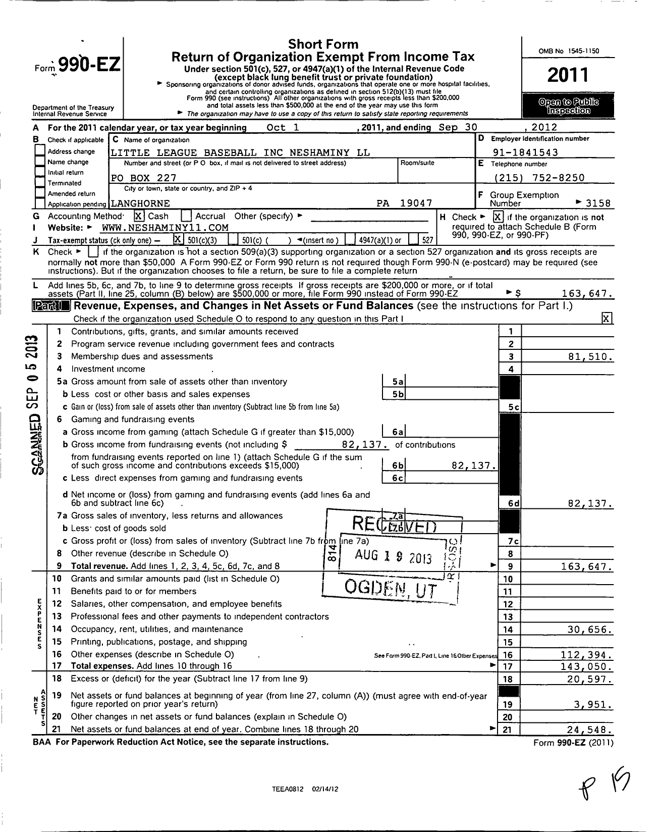 Image of first page of 2011 Form 990EZ for Little League Baseball - 2382114 Neshaminy Wildcats Aa LL