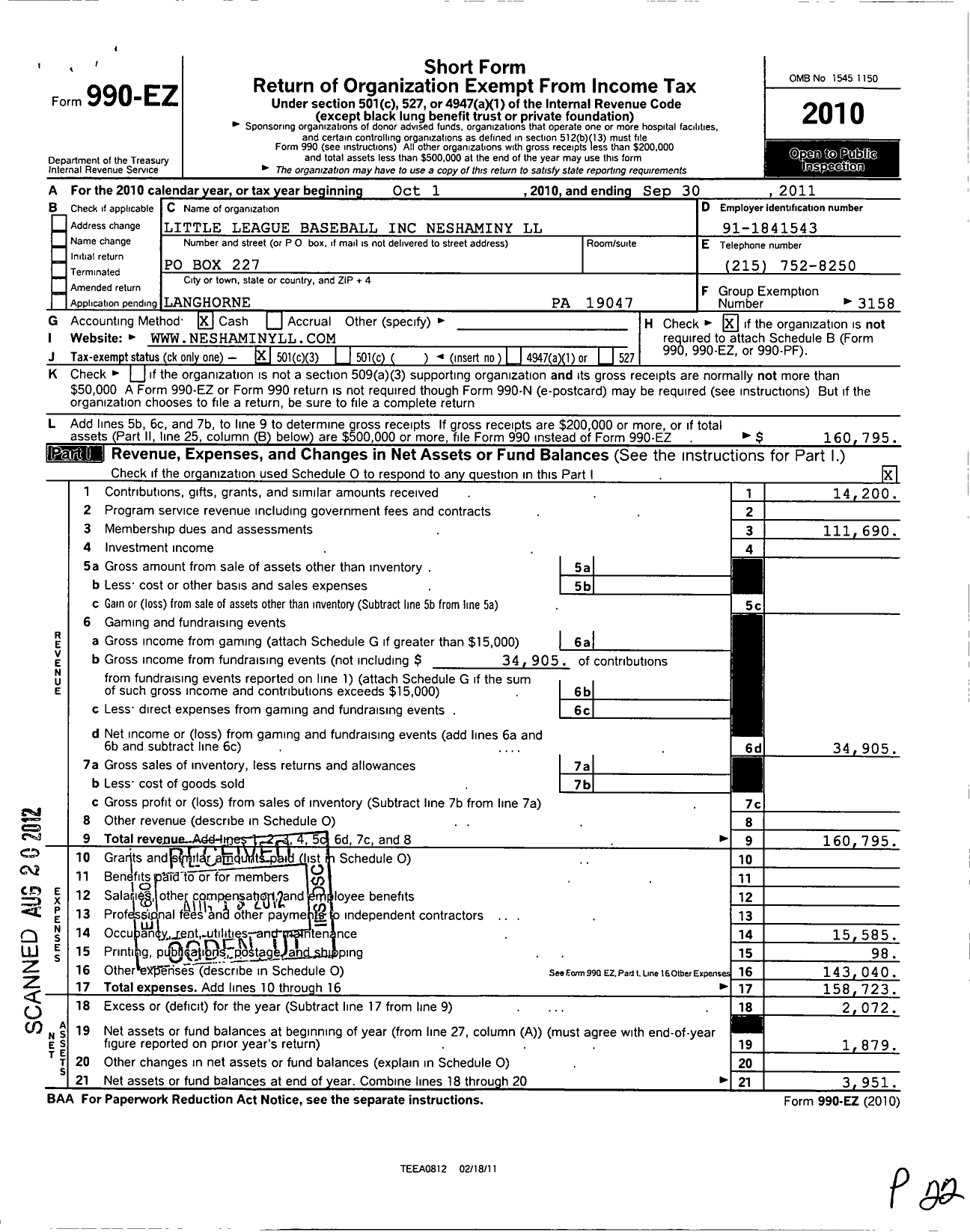 Image of first page of 2010 Form 990EZ for Little League Baseball - 2382114 Neshaminy Wildcats Aa LL