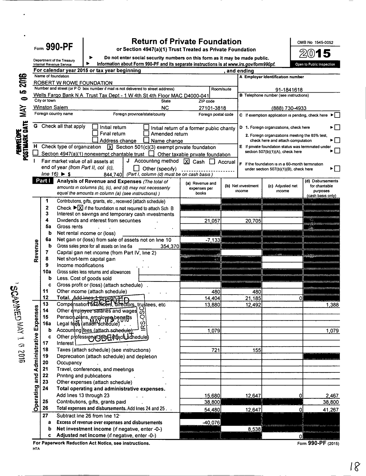 Image of first page of 2015 Form 990PF for Robert W Rowe Foundation