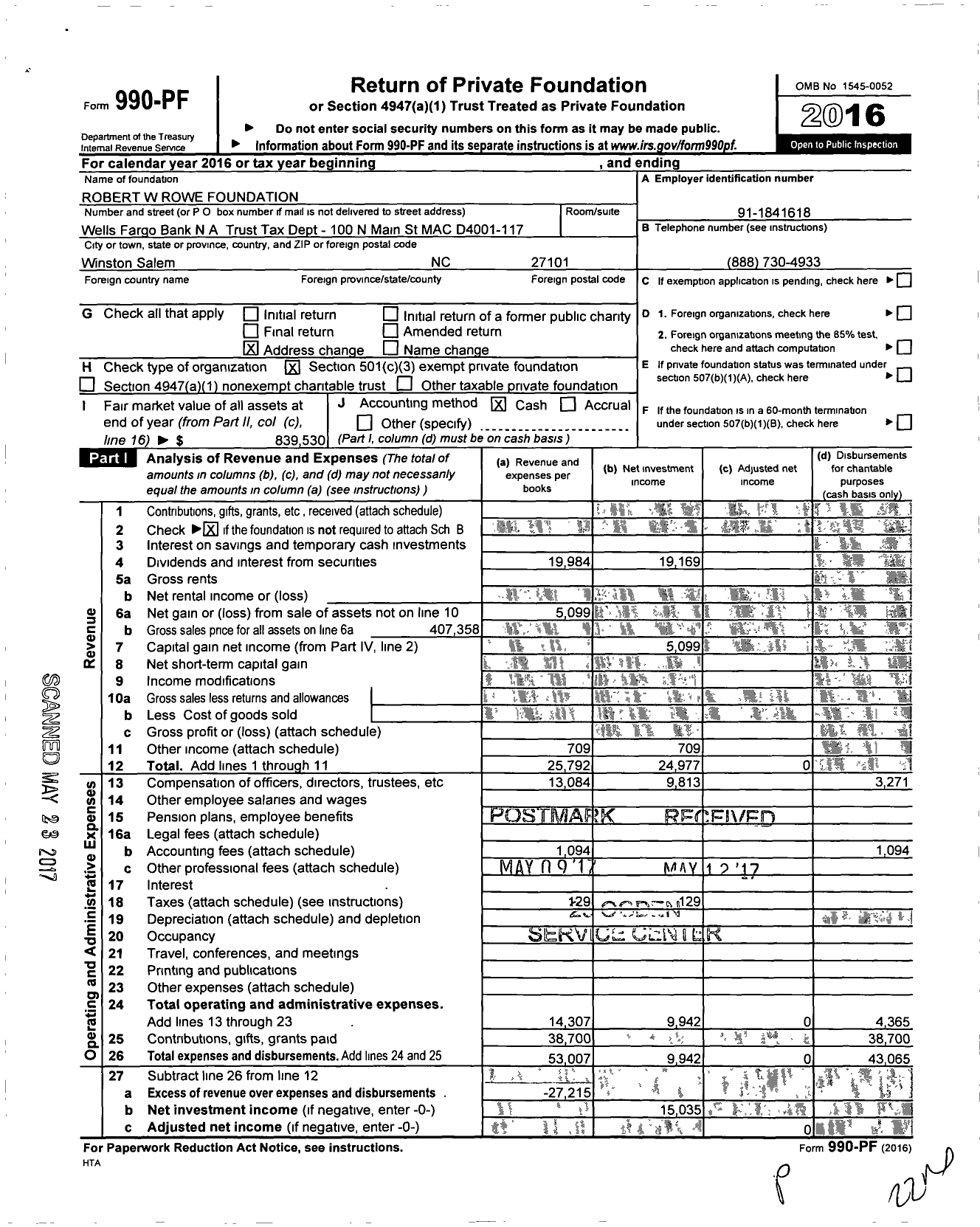 Image of first page of 2016 Form 990PF for Robert W Rowe Foundation