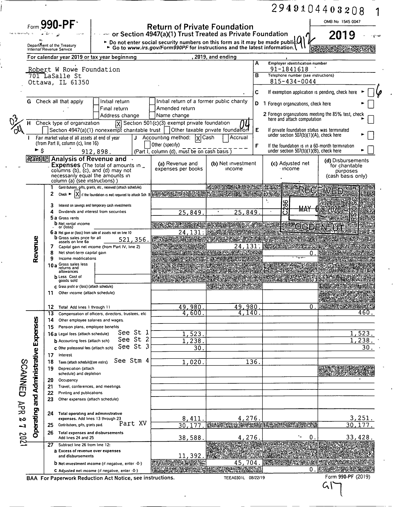 Image of first page of 2019 Form 990PF for Robert W Rowe Foundation